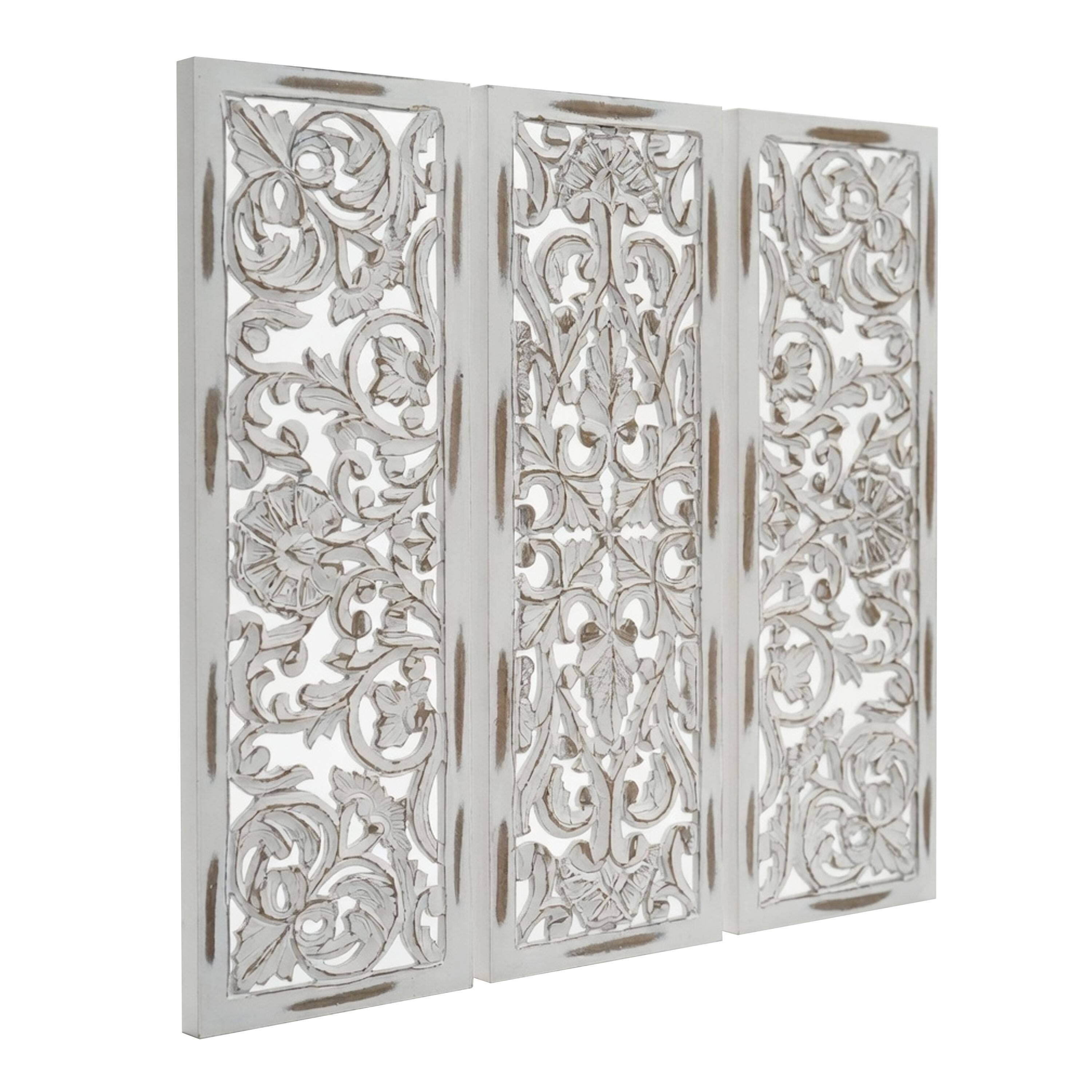Left. Manhattan Lane - Leva 3pc Wood Wall Decor Set, Moroccan Floral Carving, Antique White Finish, 36 Inch Square - Antique White.