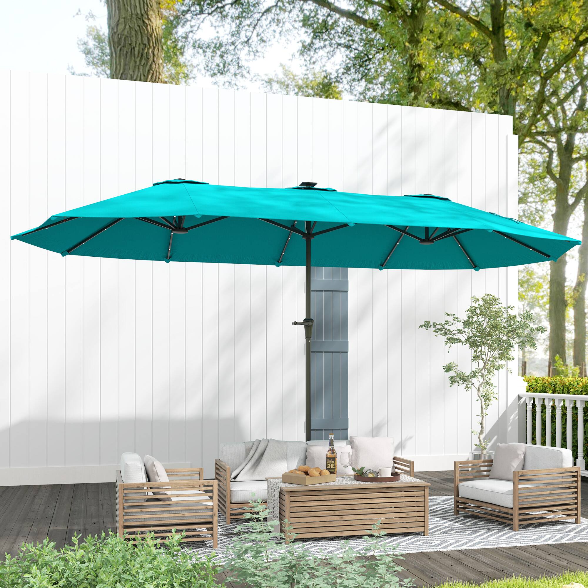 Alt View 5. Outsunny - 13ft Large Patio Umbrella with Solar Lights, Rectangular Double-Sided Outdoor Market Umbrella with Crank Handle - Blue.