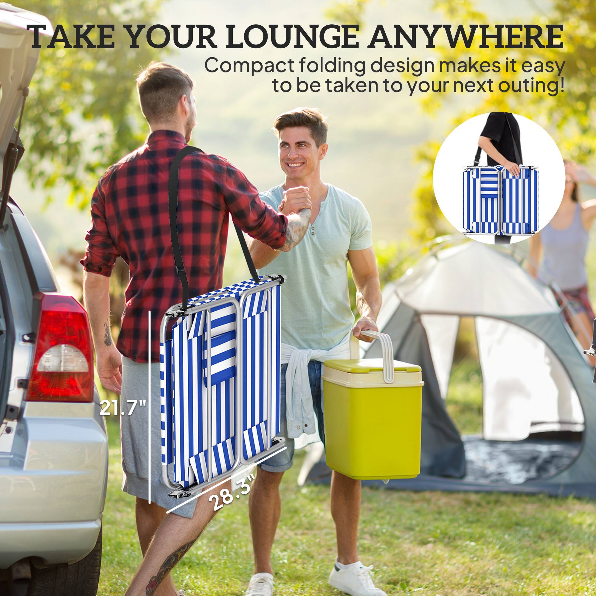 TAKE YOUR LOUNGE ANYWHERE

Compact folding design makes it easy to be taken to your next outing!

21.7" D x 28.3" H
