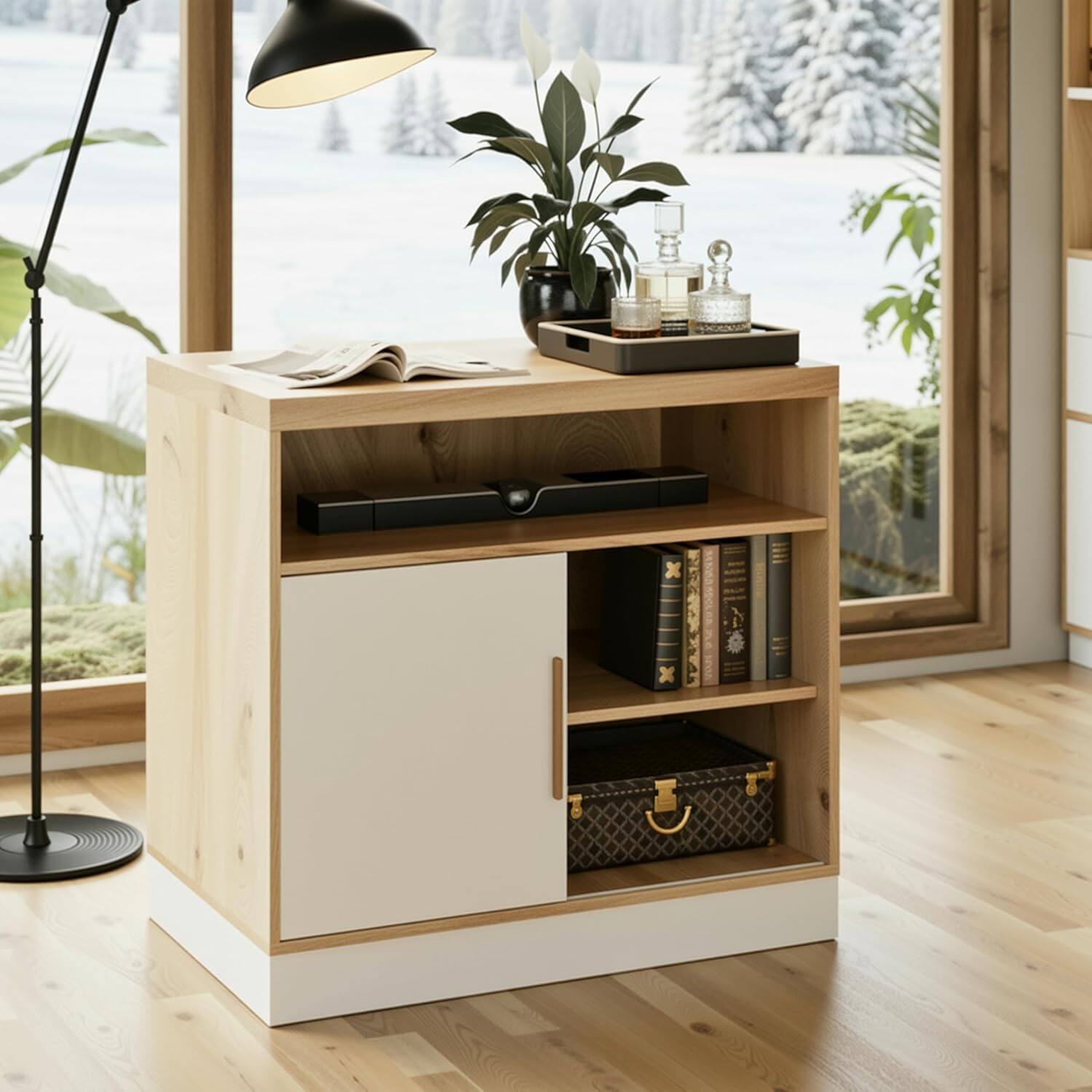 Alt View 5. ModernMate - Modern Light Walnut Wood Accent Cabinet with Sliding Door, Adjustable Open Shelves and Gold Handle - Light Walnut.