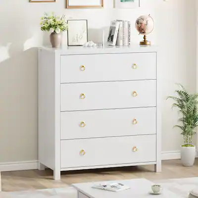 Homhougo - 4-Drawer Dresser, 37" Tall Clothing Storage Cabinet for Bedroom & Living Room - White 4 Drawers Homhougo - 4-Drawer Dresser, 37" Tall Clothing Storage Cabinet for Bedroom & Living Room - White 4 Drawers