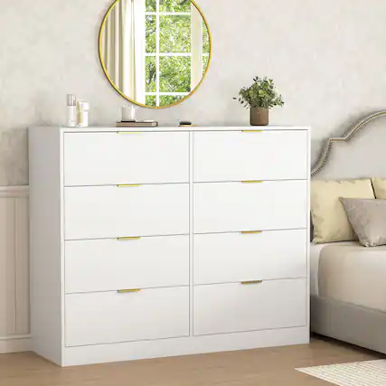 Front. Z-Edge - 8 Drawer Dresser for Bedroom, Modern Chest of Drawers, Wood Storage Double Dresser with Deep Drawers for Living Room - White.