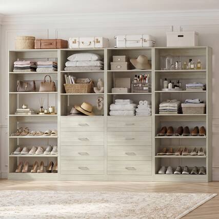 Front. Aheaplus - 92.6'' Wide Walk-in Closet System with 8 Drawers and Adjustable Shelves, 4-Pack - Beige Oak.