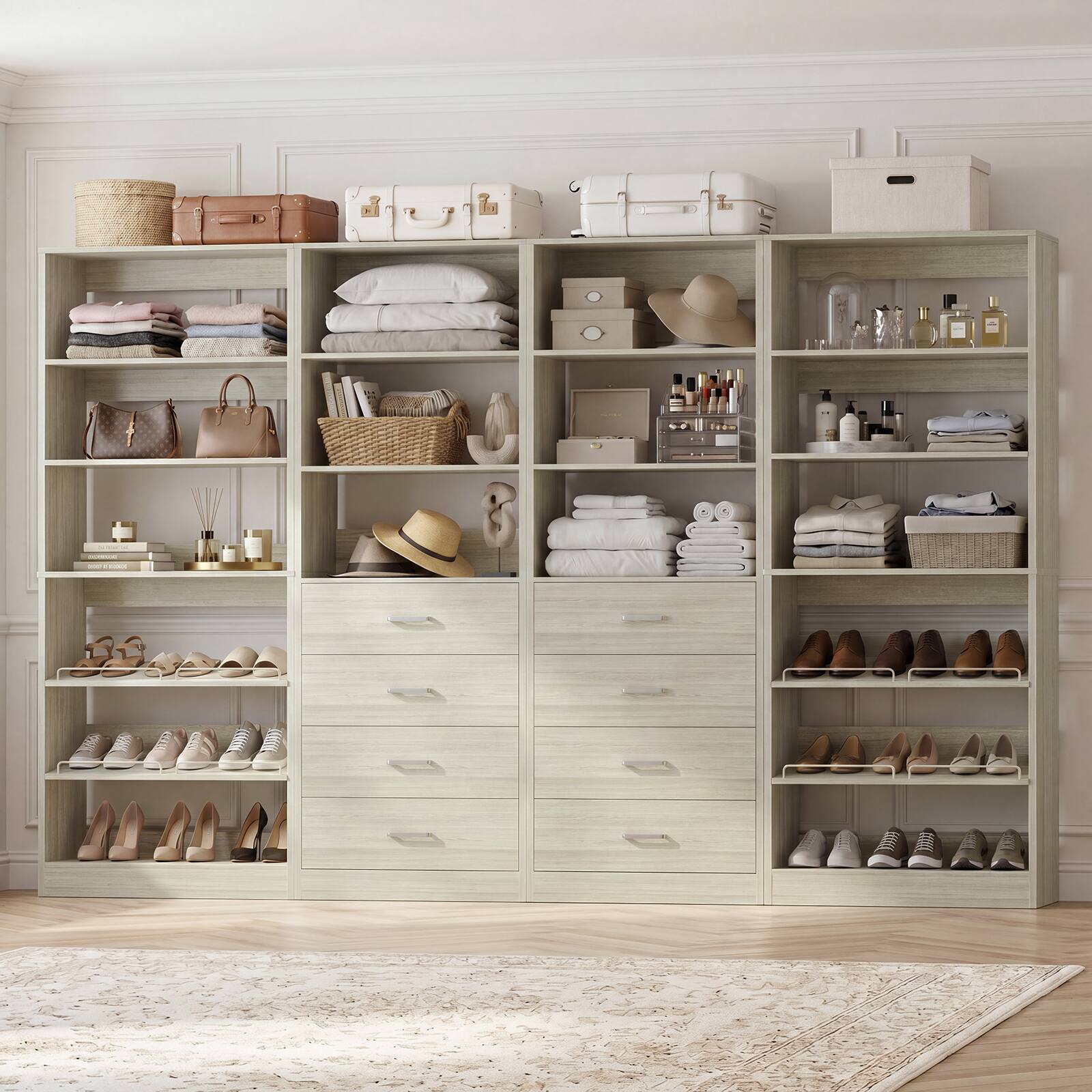 Front. Aheaplus - 92.6'' Wide Walk-in Closet System with 8 Drawers and Adjustable Shelves, 4-Pack - Beige Oak.