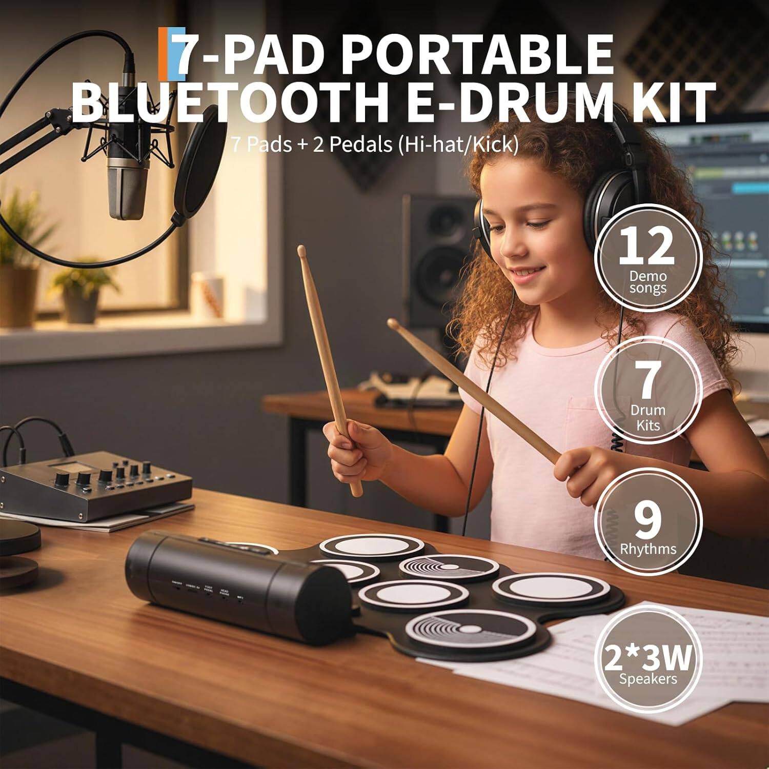 7-Pad Portable Bluetooth E-Drum Kit  
7 Pads + 2 Pedals (Hi-hat/Kick)  
12 Demo Songs  
7 Drum Kits  
9 Rhythms  
2*3W Speakers