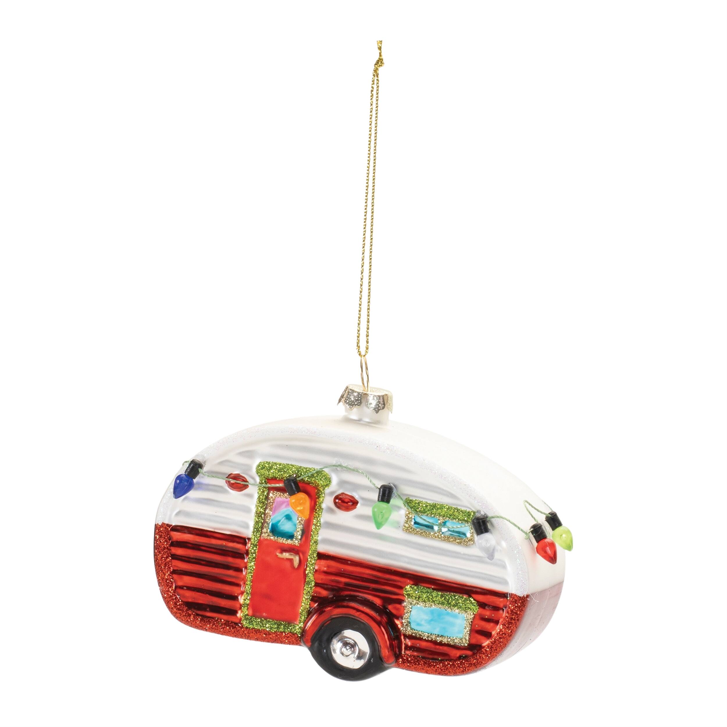 Left. BreeBe - Glittered Glass Camper Ornament (Set of 12) - Red, White.