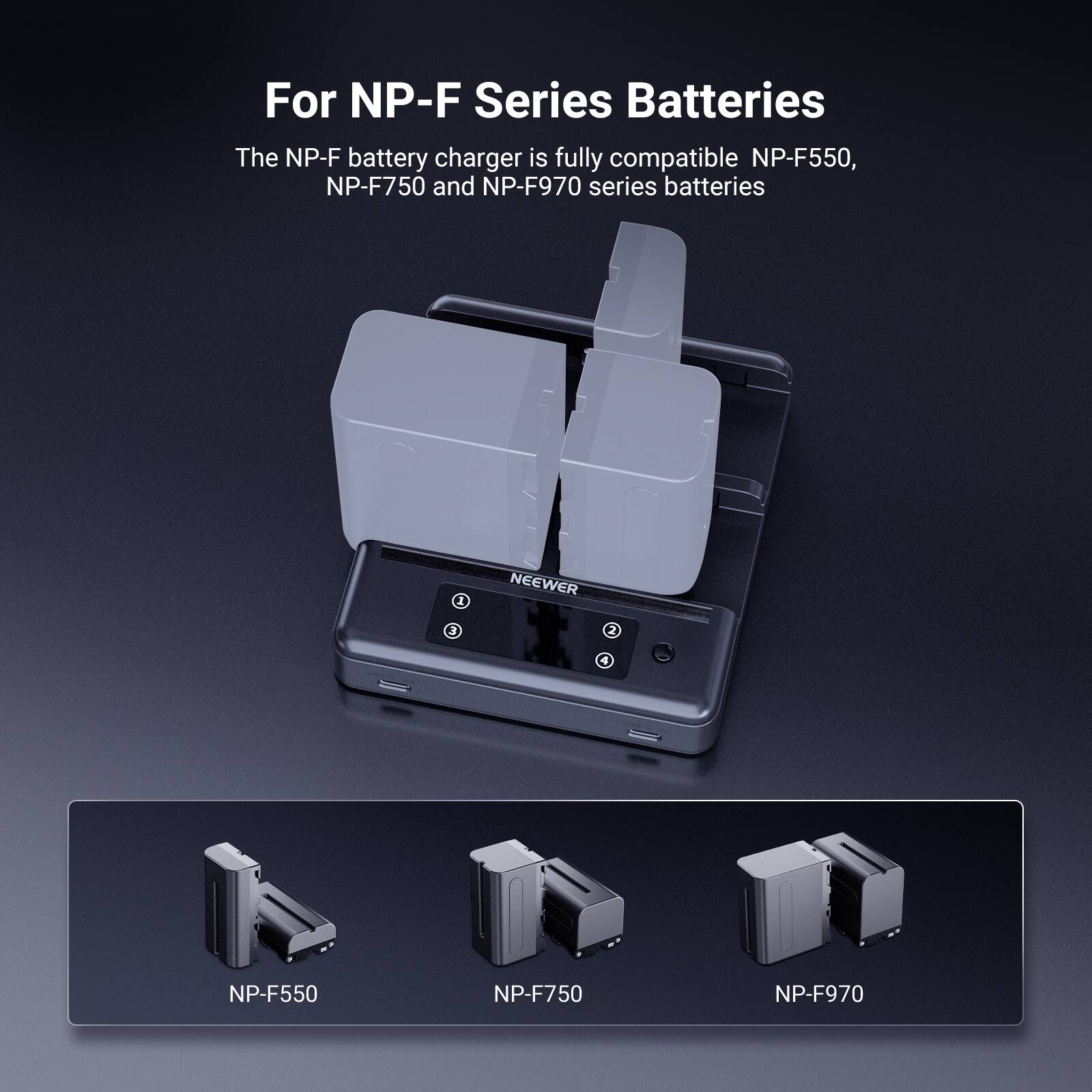 For NP-F Series Batteries

The NP-F battery charger is fully compatible NP-F550, NP-F750 and NP-F970 series batteries

NEEWER

NP-F550 NP-F750 NP-F970