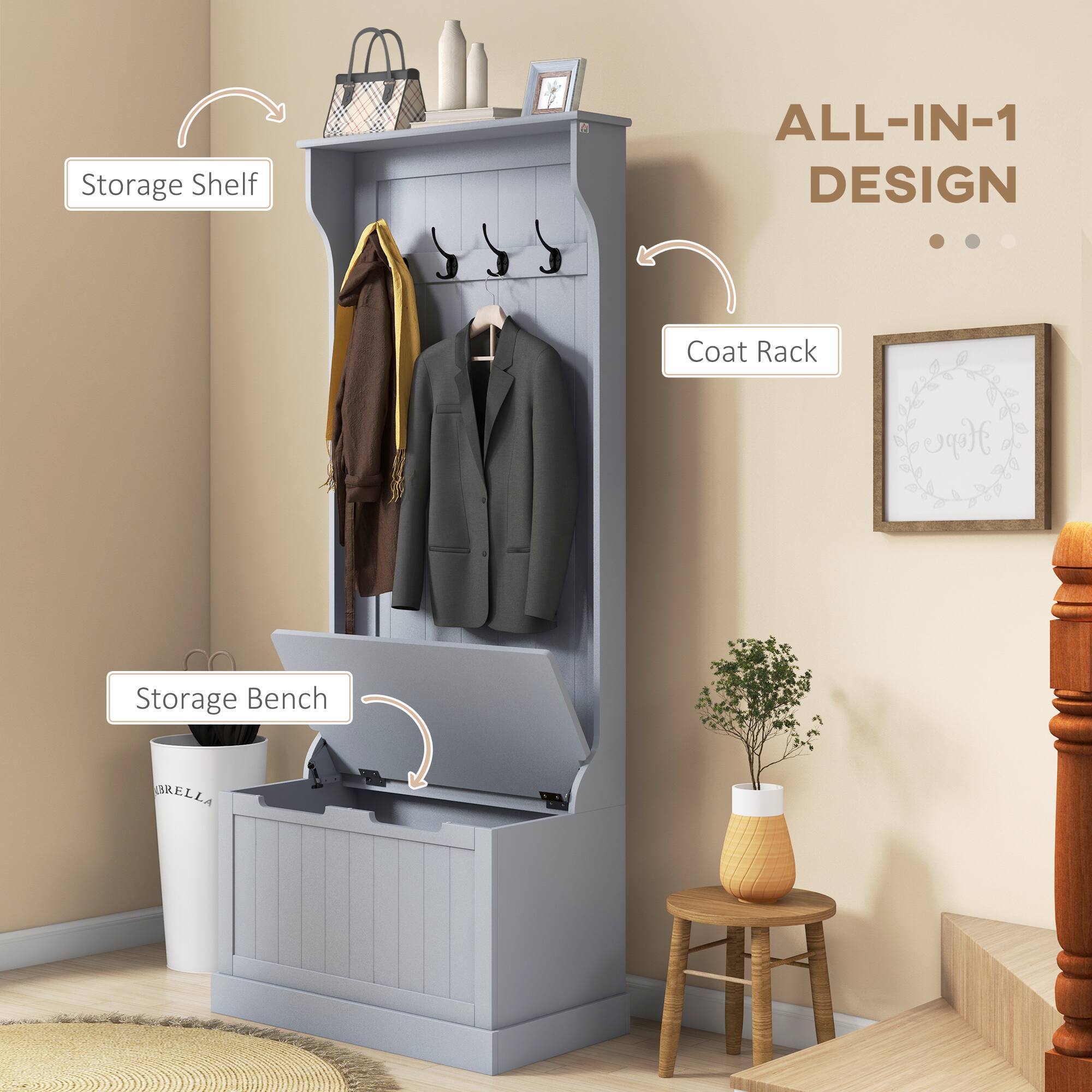 ALL-IN-1 DESIGN, Storage Shelf, Coat Rack, Storage Bench