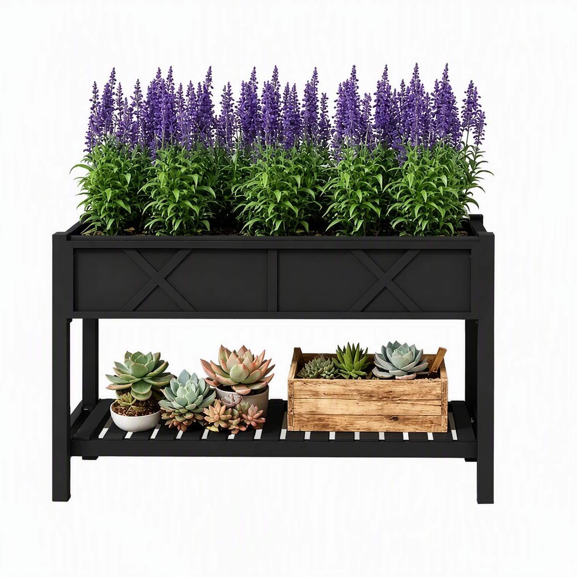 Front. RYHNUYNE - Raised Wooden Planter Box with Storage Shelf, Fir Wood Garden Bed with Drainage Holes and Liner, Black - Black.