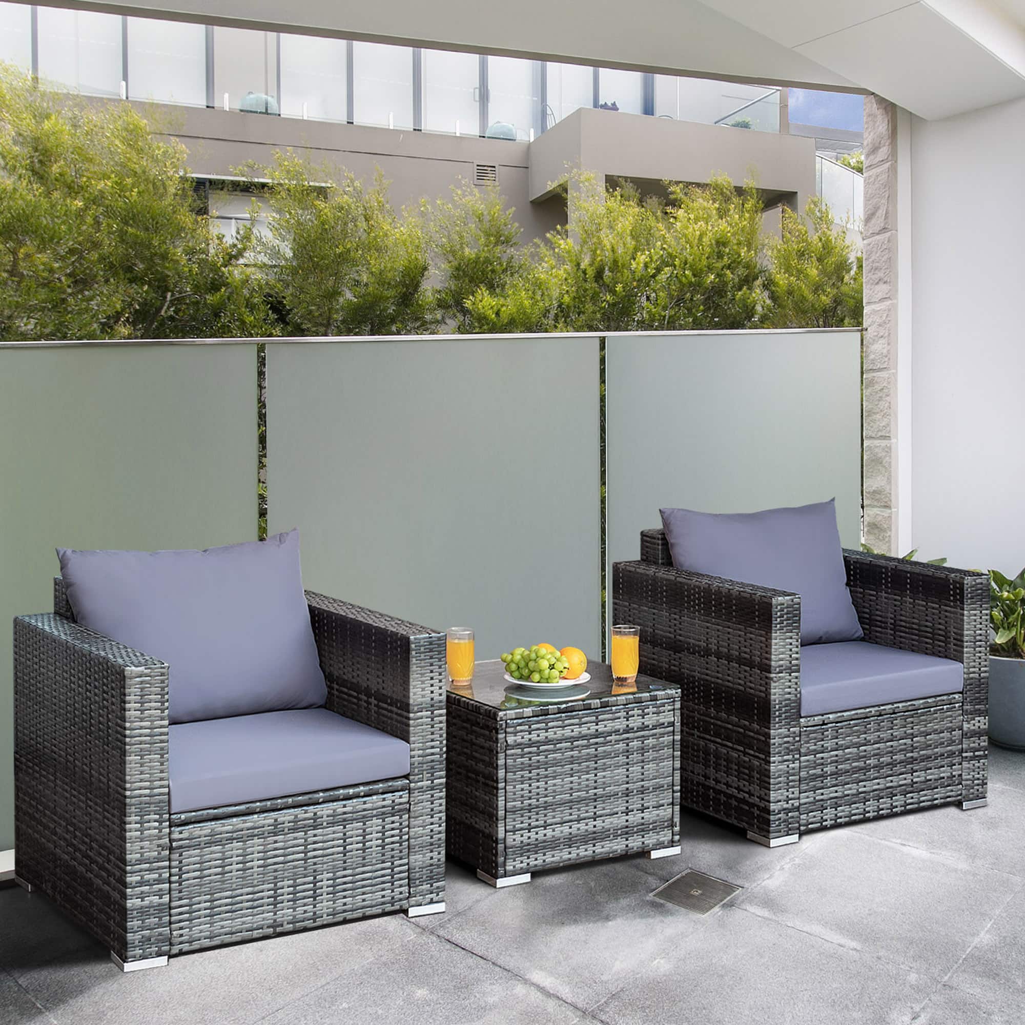 Gymax - 3PCS Rattan Patio Conversation Set Outdoor Furniture Set w/ Table Cushion - Gray