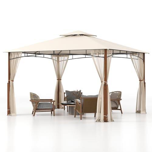 Front. Ecooso - 12 x 10 FT Outdoor Patio Gazebo Tent with Netting and 2-Tier Canopy Roof Design - Beige.