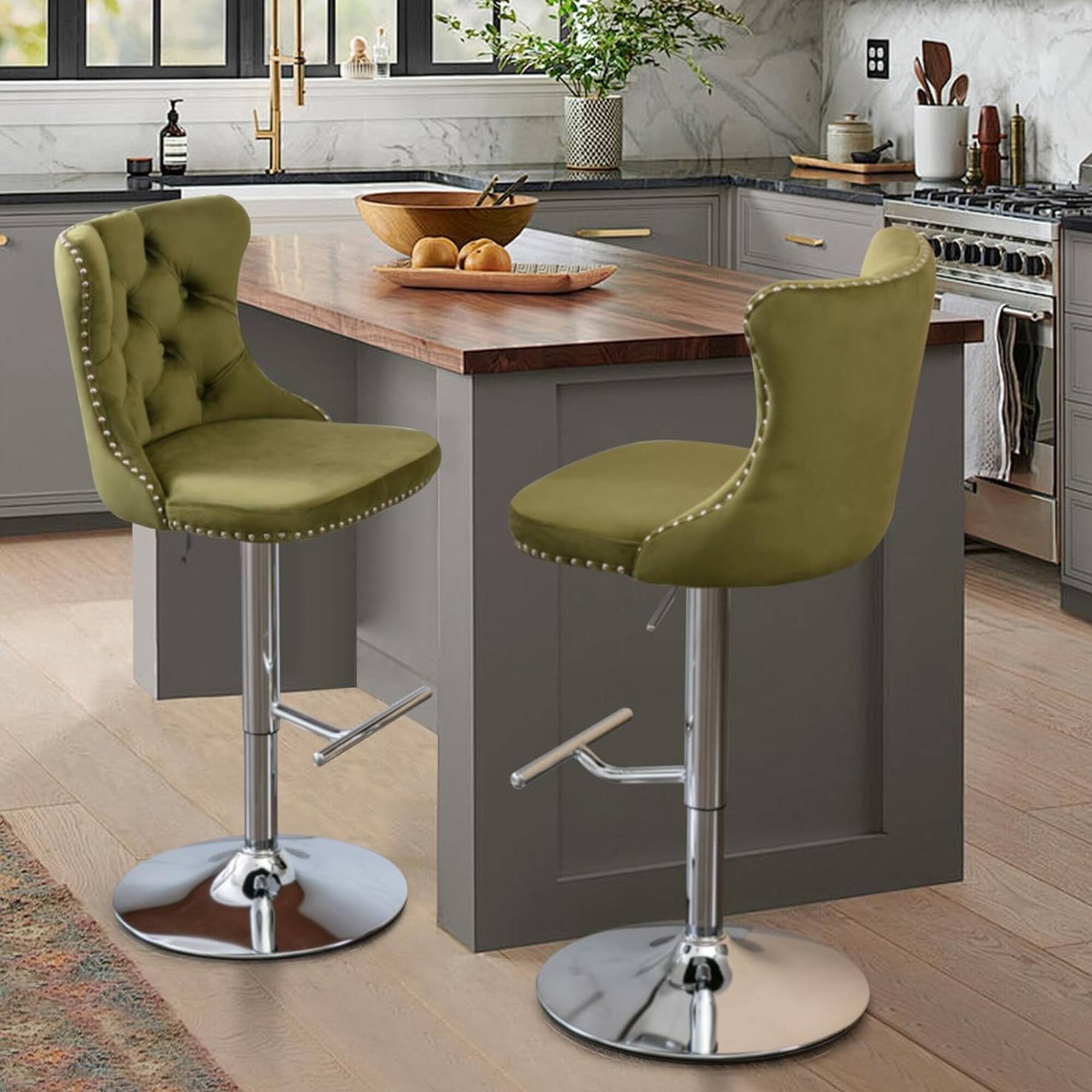 Alt View 1. HTUTWOO - Adjustable Bar Stools Set of 2, Velvet Swivel Counter Height Chairs with Footrest, Chrome Nailhead for Kitchen, Pub - Olive Green.