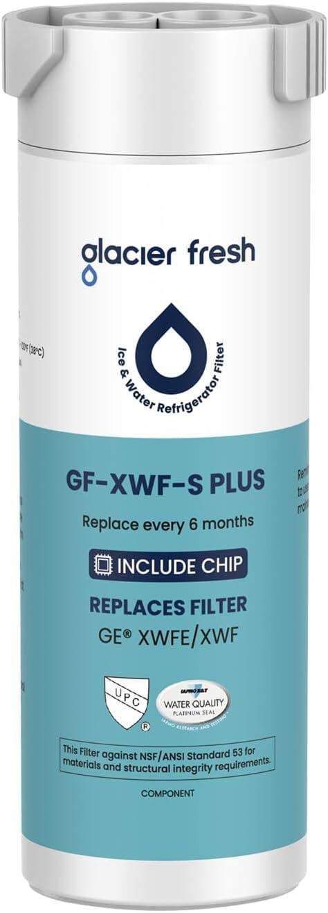 glacier fresh  
Ice & Water Refrigerator Filter  

GF-XWF-S PLUS  
Replace every 6 months  

INCLUDE CHIP  

REPLACES FILTER  
GE® XWFE/XWF  

UPC  
WATER QUALITY  
PLATINUM SEAL  

This Filter meets NSF/ANSI Standard 53 for materials and structural integrity requirements.  

COMPONENT