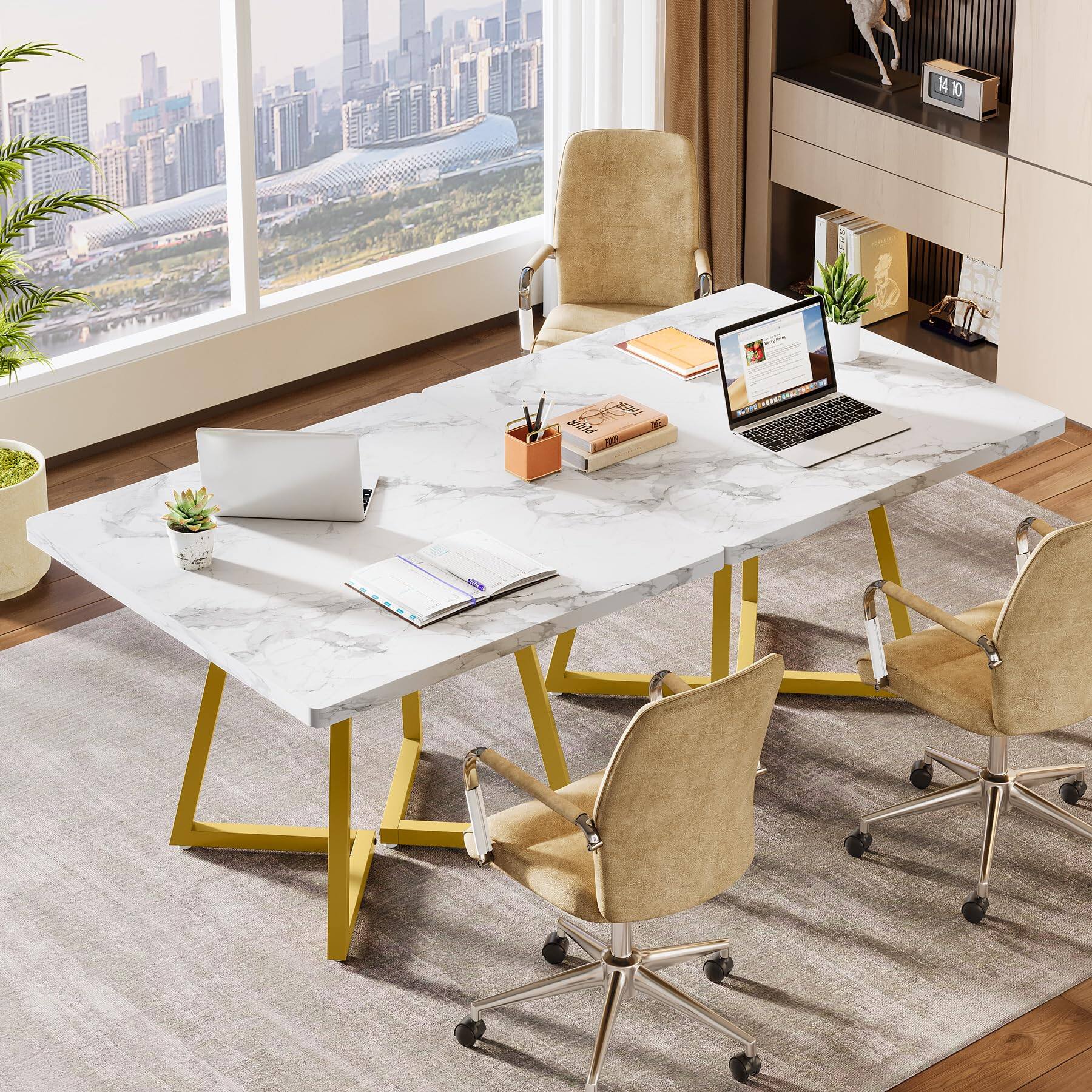 Back. Tribesigns - 31.5" Square Conference Table, Industrial Office Meeting Table for 4 People, Business Podcast Furniture with Metal Base - White & Gold.