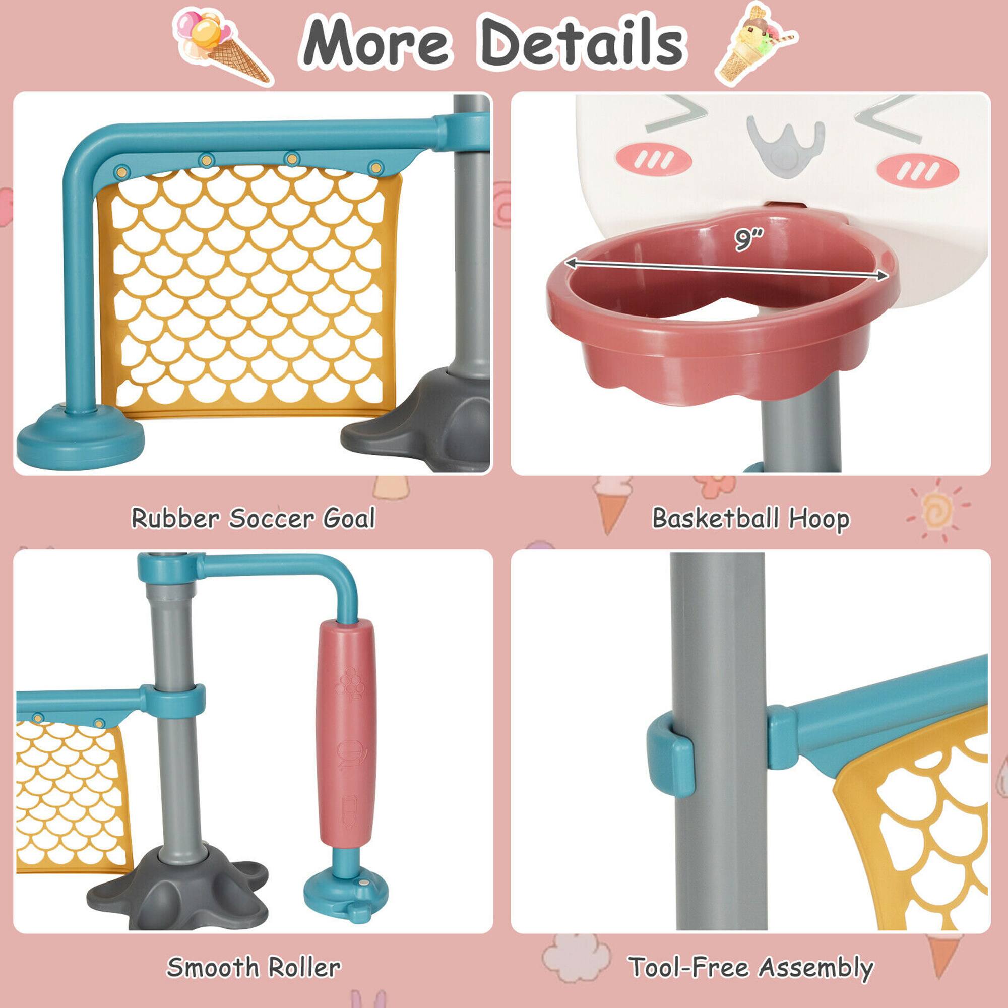 More Details

- Rubber Soccer Goal
- Basketball Hoop
- Smooth Roller
- Tool-Free Assembly