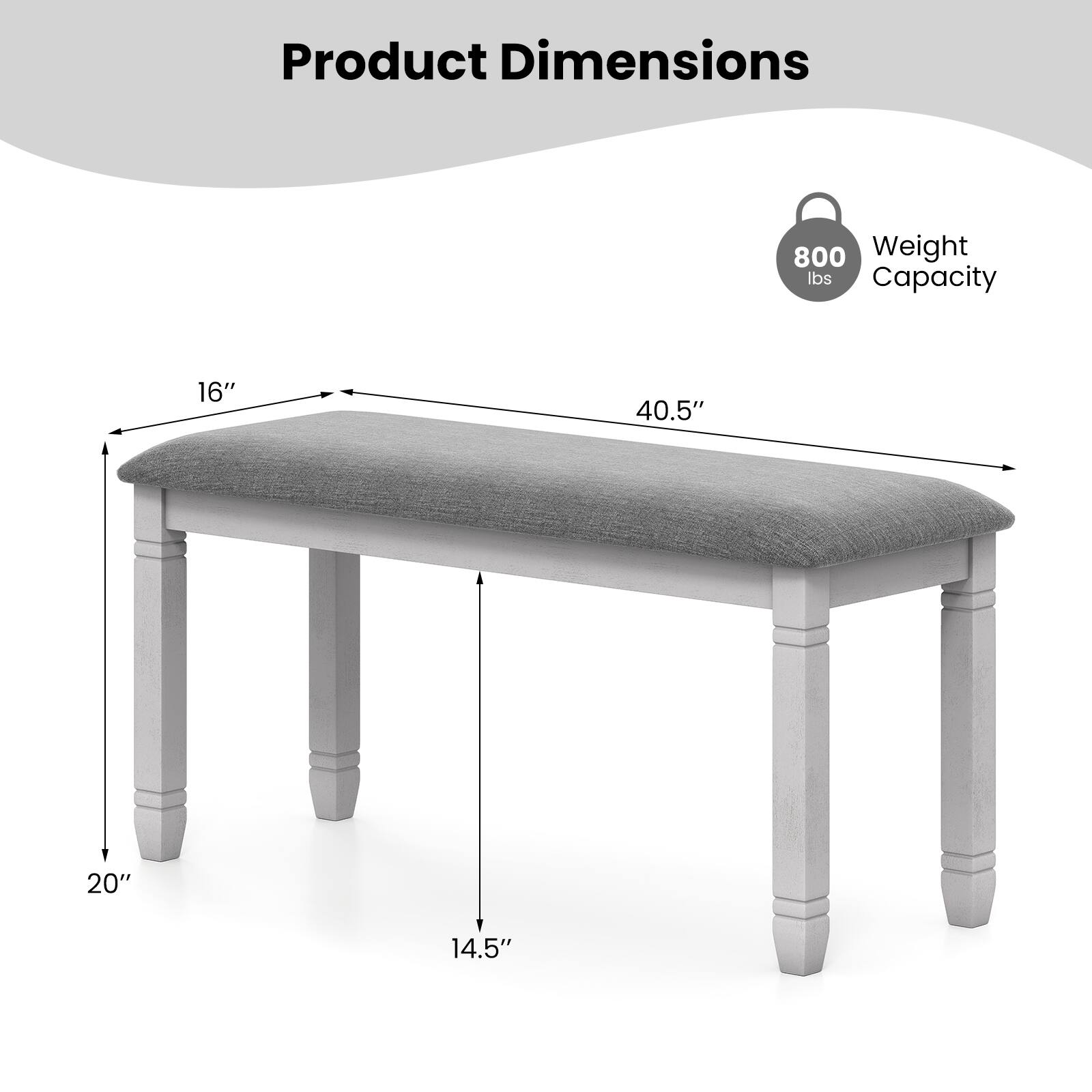 Product Dimensions  
Weight Capacity: 800 lbs  
16" x 40.5" x 20" x 14.5"