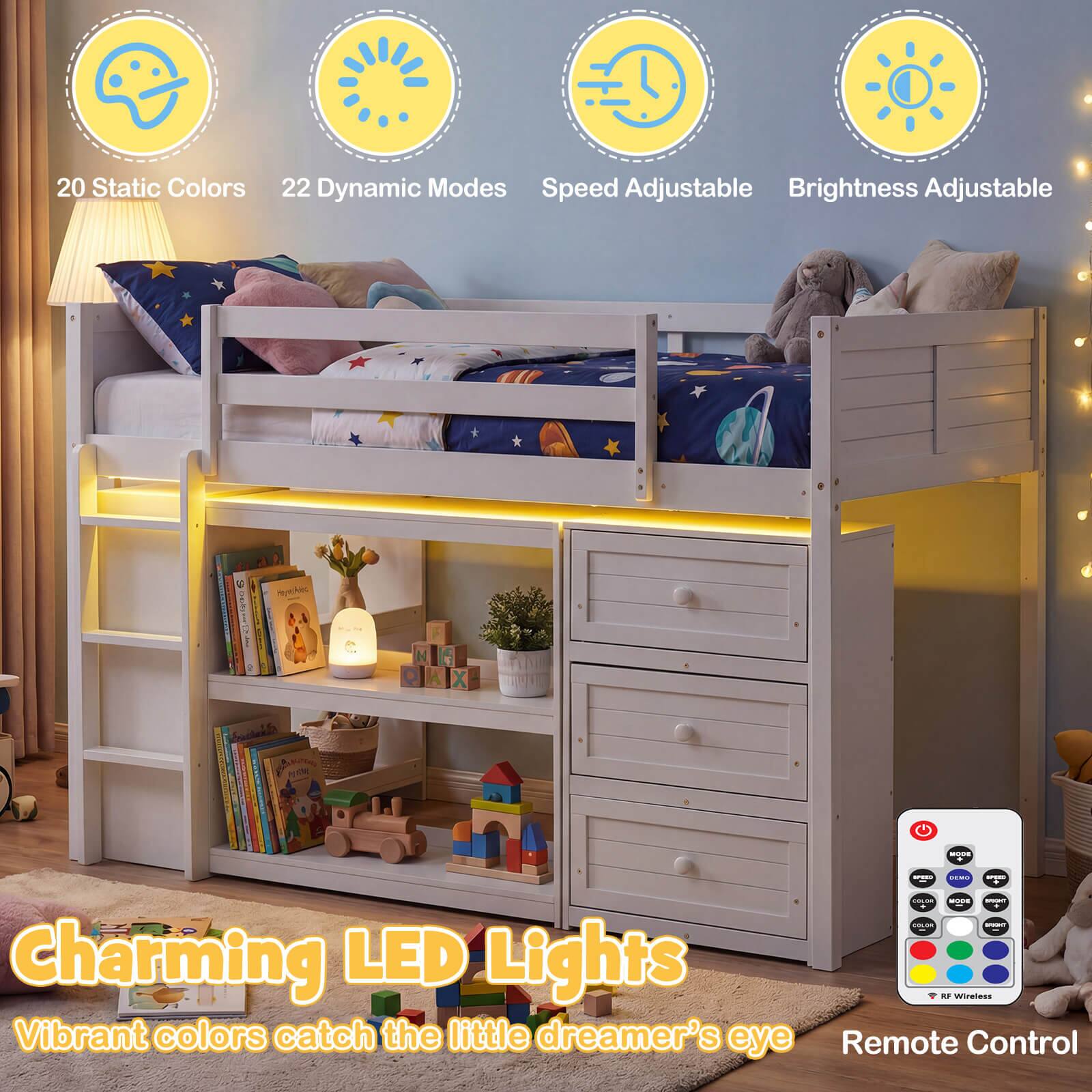 20 Static Colors  
22 Dynamic Modes  
Speed Adjustable  
Brightness Adjustable  

Charming LED Lights  
Vibrant colors catch the little dreamer's eye  

Remote Control