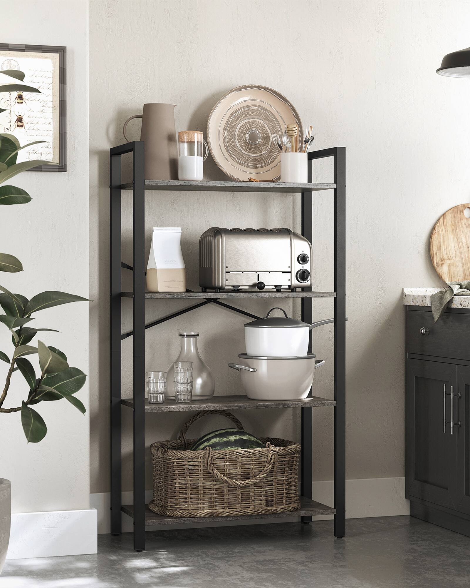 Back. Songmics Home - 4-Tier Bookshelf, Bookcase with Steel Frame, Book Shelf for Living Room, Home Office, Study, 11.8 x 26 x 47 Inches - Charcoal Gray and Ink Black.