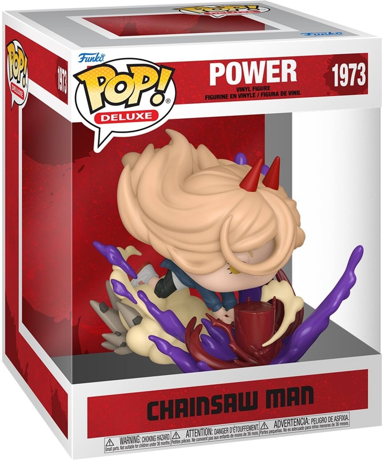 Sure, here is the corrected and grouped text from the image:

---

**Funko POP! DELUXE**

**POWER 1973**

**VINYL FIGURE / FIGURINE EN VINYLE / FIGURA DE VINIL**

**CHAINSAW MAN**

**WARNING: CHOKING HAZARD - Small parts. Not suitable for children under 36 months.**

**ATTENTION: DANGER D'ÉTOUFFEMENT - Petites pièces. Ne convient pas aux enfants de moins de 36 mois.**

**ADVERTENCIA: PELIGRO DE ASFIXIA. No es adecuado para niños menores de 36 meses.**

---

This text is organized to reflect the information on the packaging.