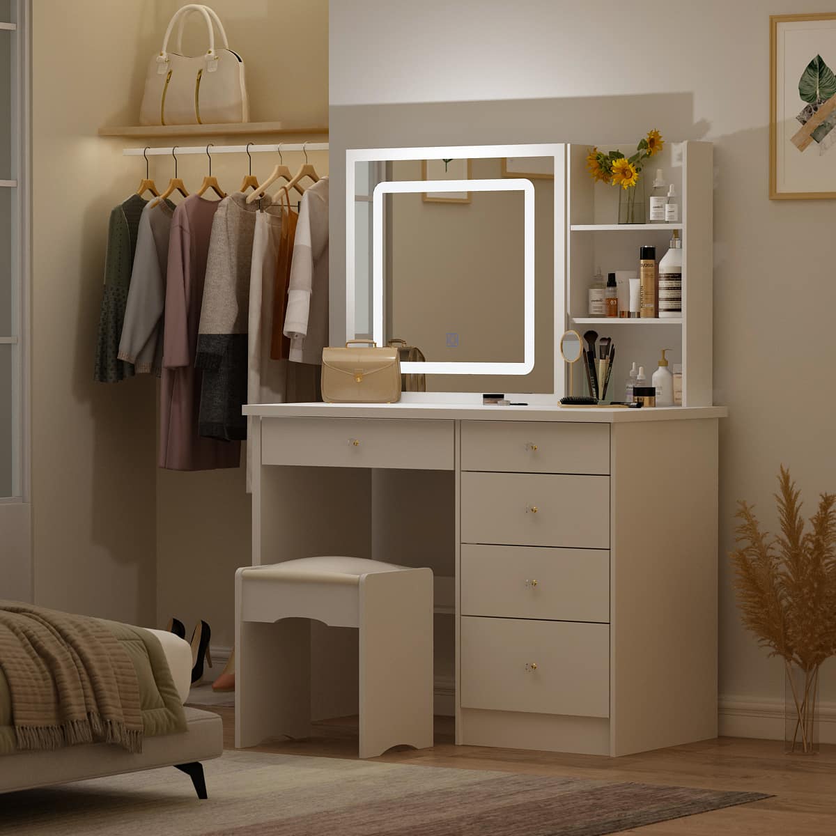 Famapy - Vanity Table with Sliding LED Mirror & Hidden Storage: Bedroom Beauty Organizer - White