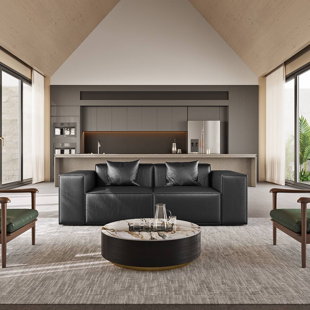 Back. POVISON - 39" Wood Modern Round Drum Sintered Stone Coffee Table with 2 Drawers Fully Assembled, Black & White - White & Black.