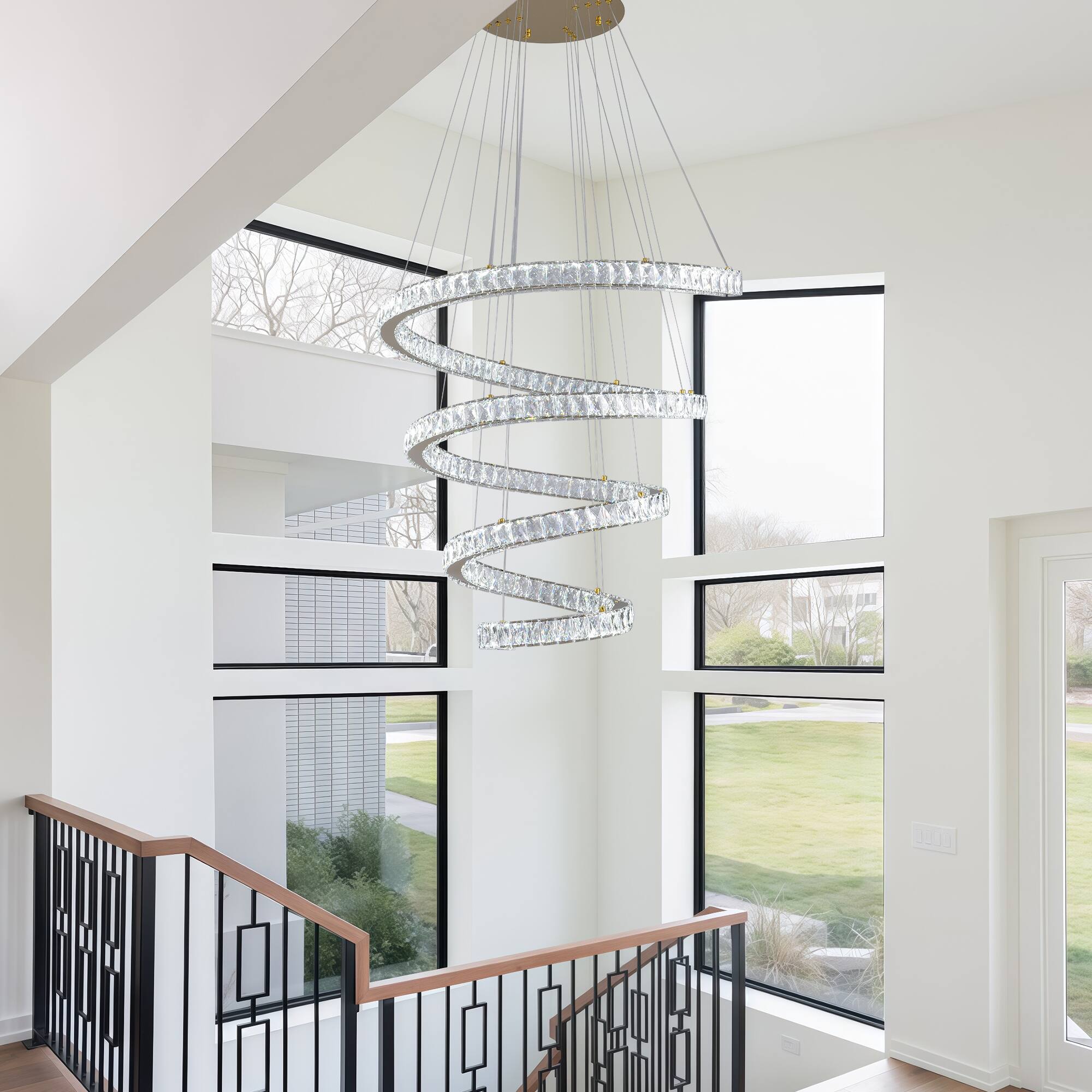 Left. RYHNUYNE - Gold Spiral Crystal LED Chandelier, 31.5" Smart Dimmable Adjustable Ceiling Light Fixture for Dining Room High Ceilings.