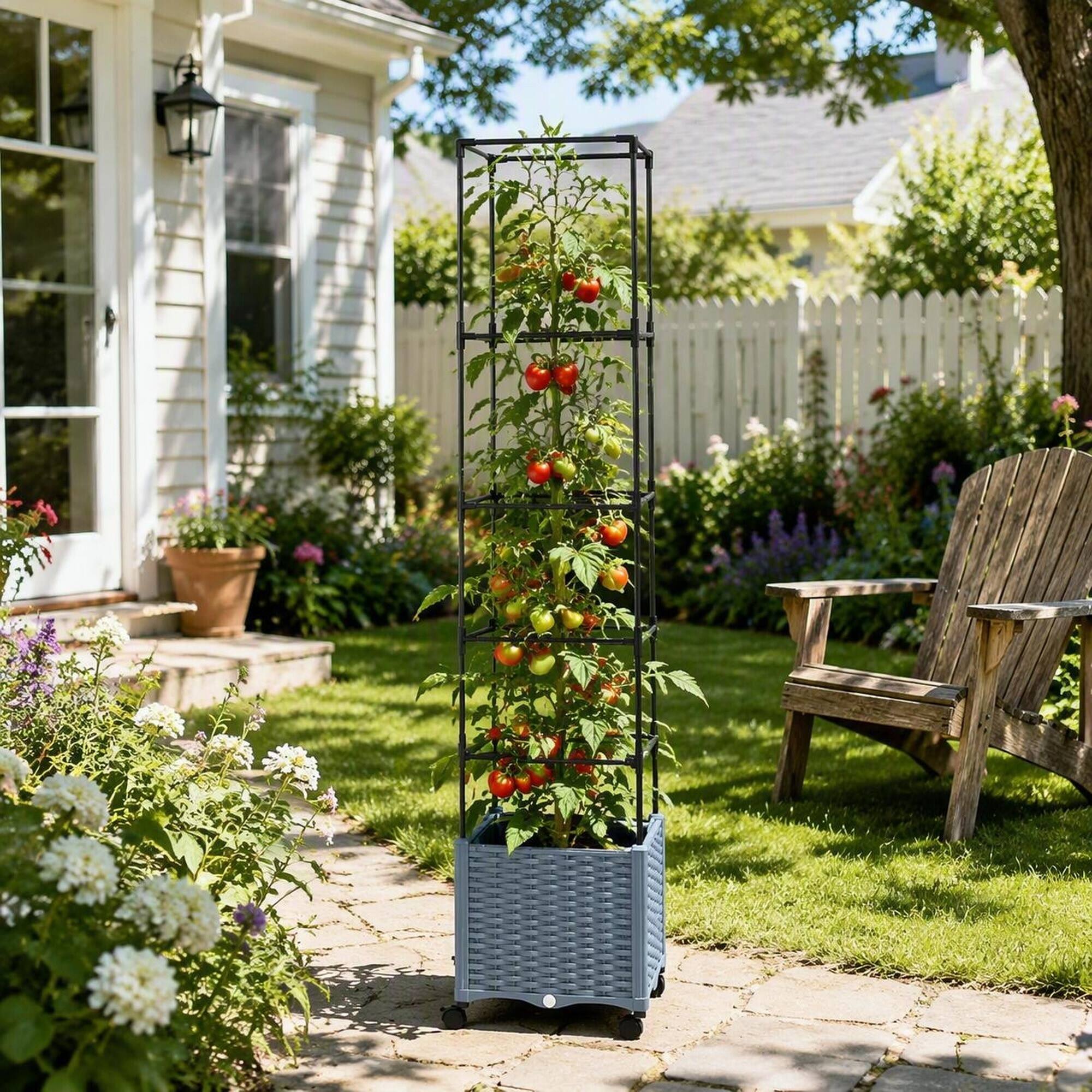 Alt View 2. RYHNUYNE - Mobile Raised Garden Bed with Adjustable Trellis, Self-Watering Planter on Lockable Wheels for Tomatoes, Peas - Gray.