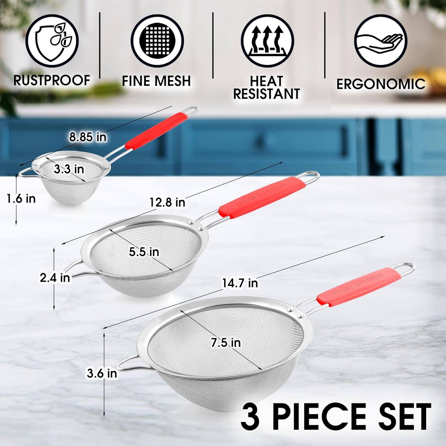 RUSTPROOF  
FINE MESH  
HEAT RESISTANT  
ERGONOMIC  

8.85 in  
3.3 in  
1.6 in  
12.8 in  
5.5 in  
2.4 in  
14.7 in  
7.5 in  
3.6 in  

3 PIECE SET