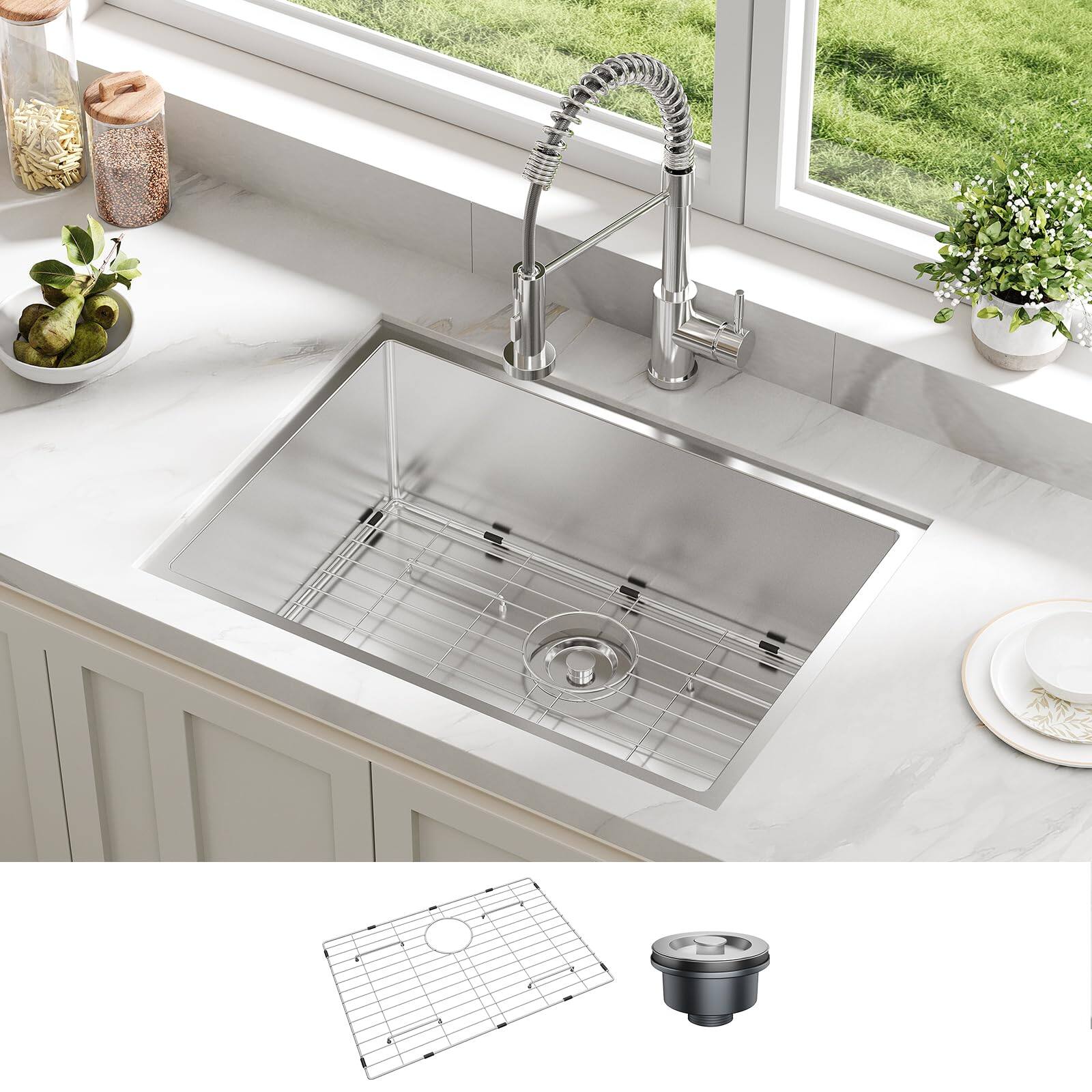 Front. GARVEE - 27 x 19 x 10 Inch Undermount Kitchen Sink, Stainless Steel Single Bowl w/Bottom Grid & Drain Kit(No Faucet) - Silver.