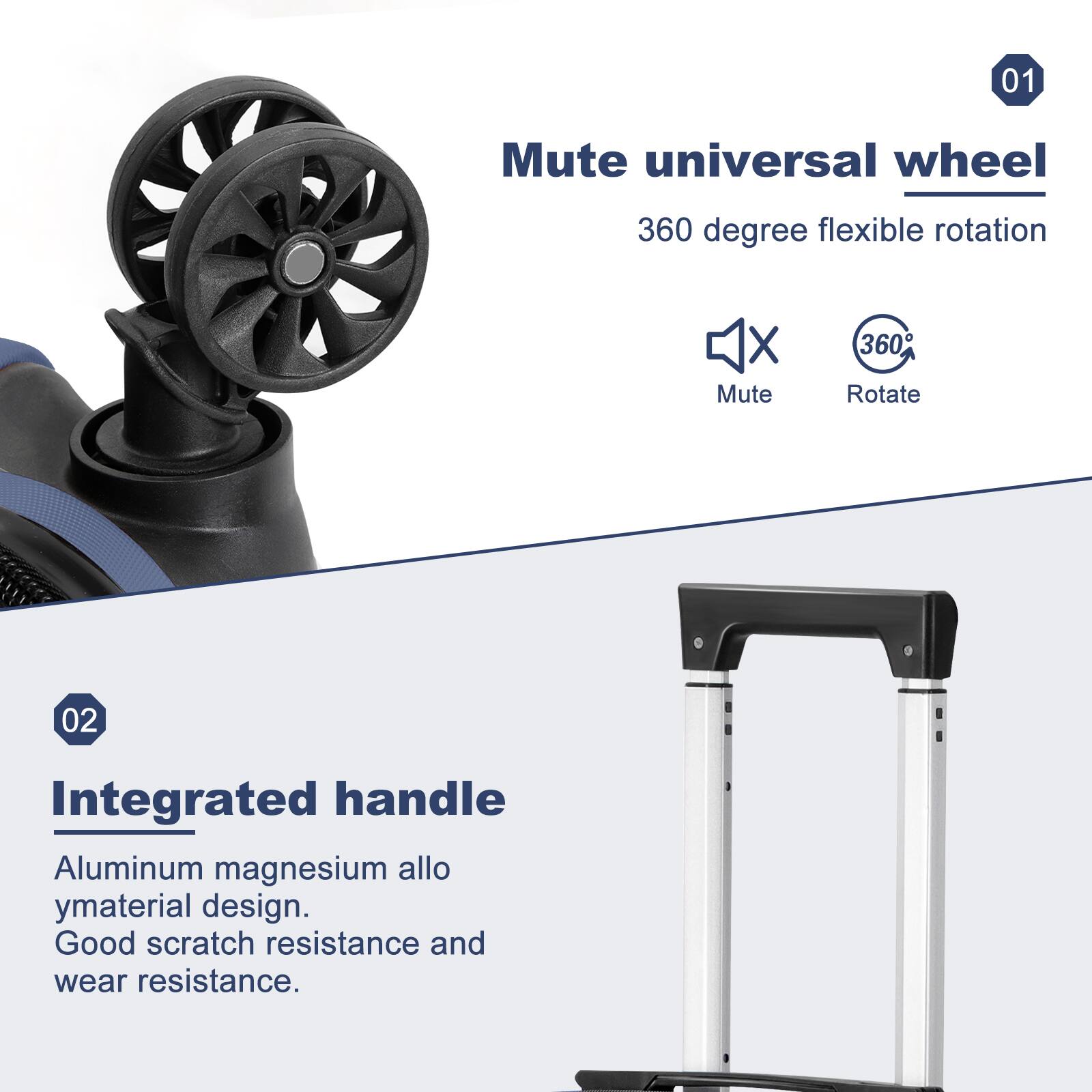 01
Mute universal wheel
360 degree flexible rotation
X Mute
360 Rotate
02
Integrated handle Aluminum magnesium alloy material design. Good scratch resistance and wear resistance.