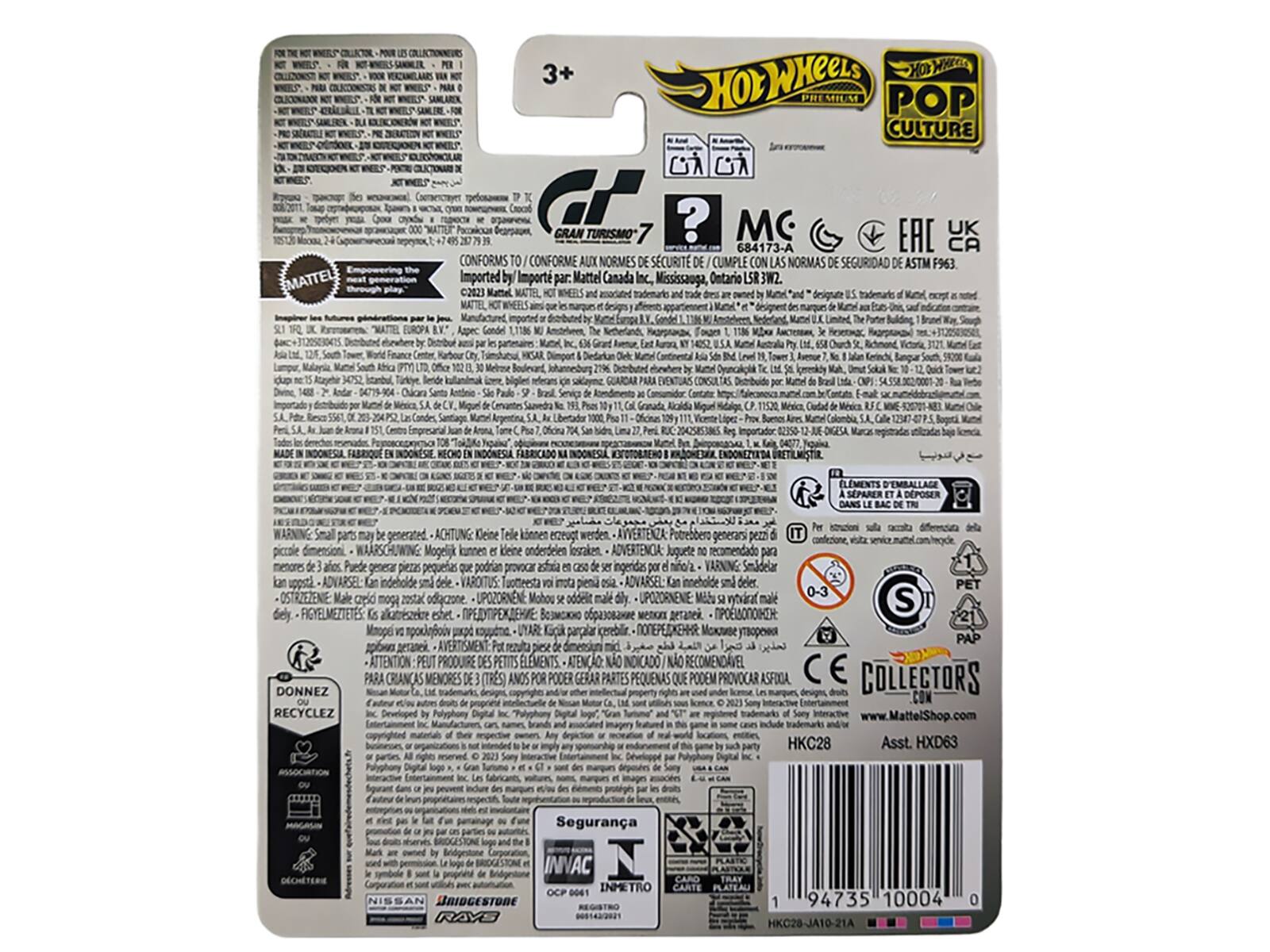 CLICONADOR MATTEL - a PER HOB 3+ HOLWKEeT MILM POP CULTURE Cr ? MO UK GRAN TURISMO EAC 684173-A CA CONFORMS CONFORME AUX NORMES DE SCURIT DE CUMPLE CON LAS NORMAS DE SEGURIDAD DE ASTM F963 Imported par. Mattel Canada Inc. Mississauga, Ontario 3W2. 2023 and and by desigute US IL ng! de par le RedeGaed 118 in 636 E 658 a I de Ciian Santa Miguel ipn Cal por Chile lu Juan in MADE EN Ofcina San LEMENTS SEPARER DANS LE DEPOSER Per generated Kleine Telle generarsi peza e kdleine onderdeien losraken. ADVERTENOA: O recamendado pa de Puede que e C2s0 de S por d s'ohin kan Ln s 1 piena osia Kan inneholde deler. UPOZORNNE addei male UPORORNENE 0-3 apid moge znsta whdirt mal S