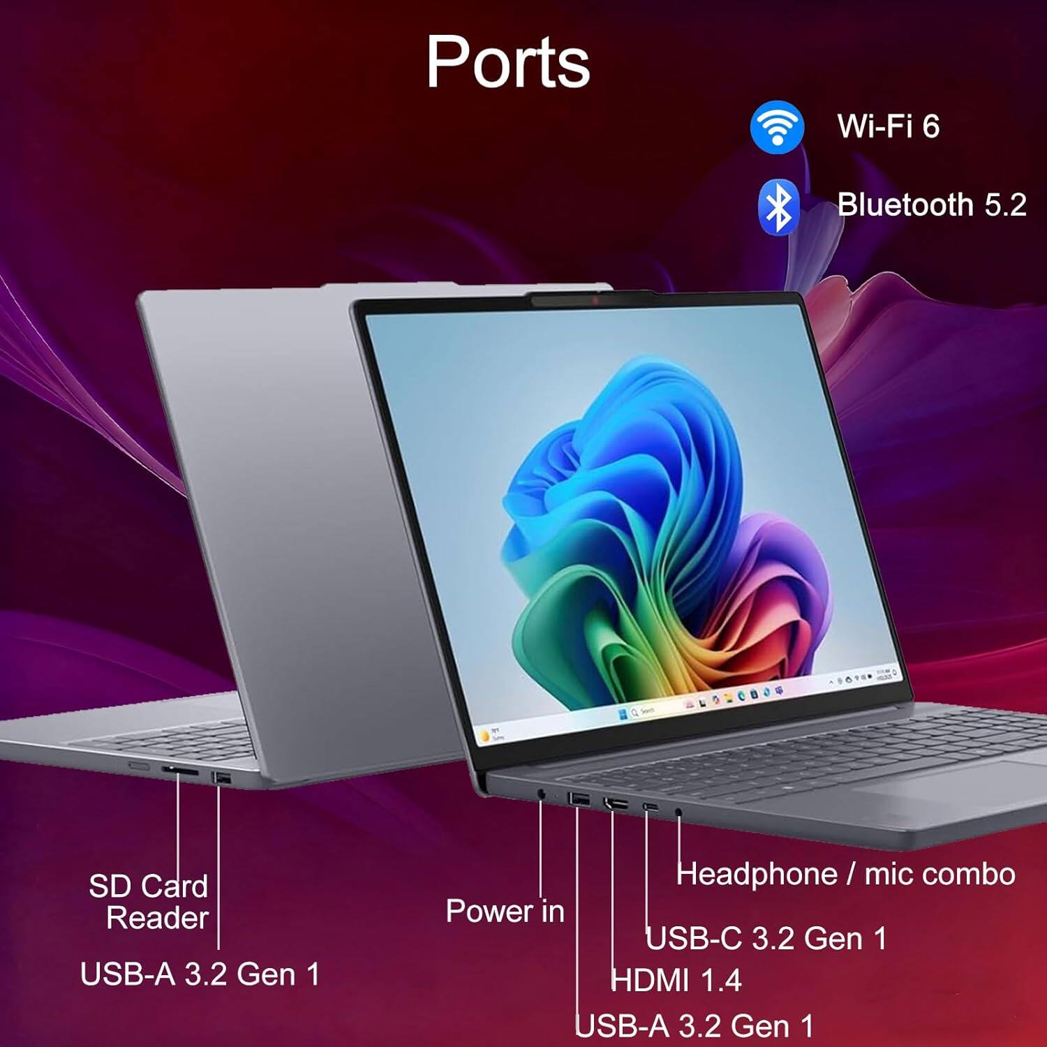 Ports:
- Wi-Fi 6
- Bluetooth 5.2
- SD Card Reader
- USB-A 3.2 Gen 1
- Headphone / mic combo
- Power in USB-C 3.2 Gen 1
- HDMI 1.4
- USB-A 3.2 Gen 1