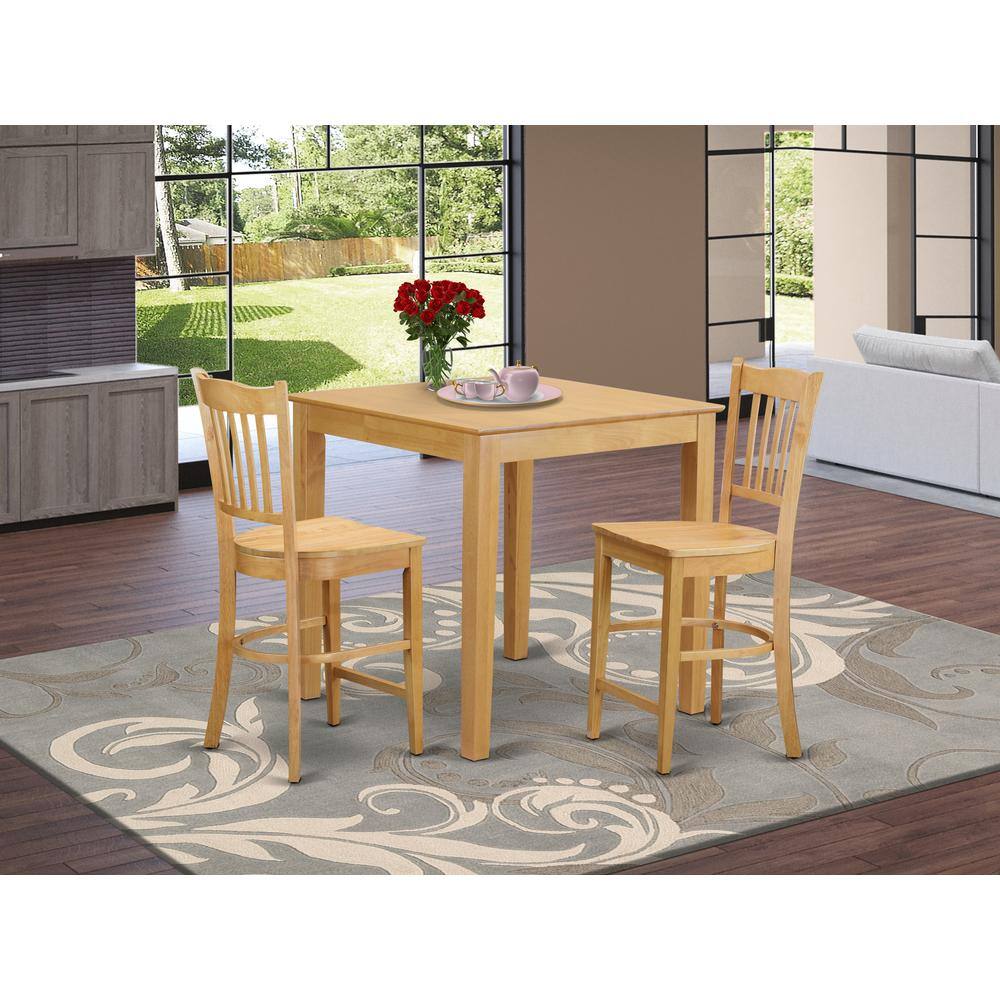 Back. East West Furniture - 3 Pc counter height set - high Table and 2 dinette Chairs. - Oak.
