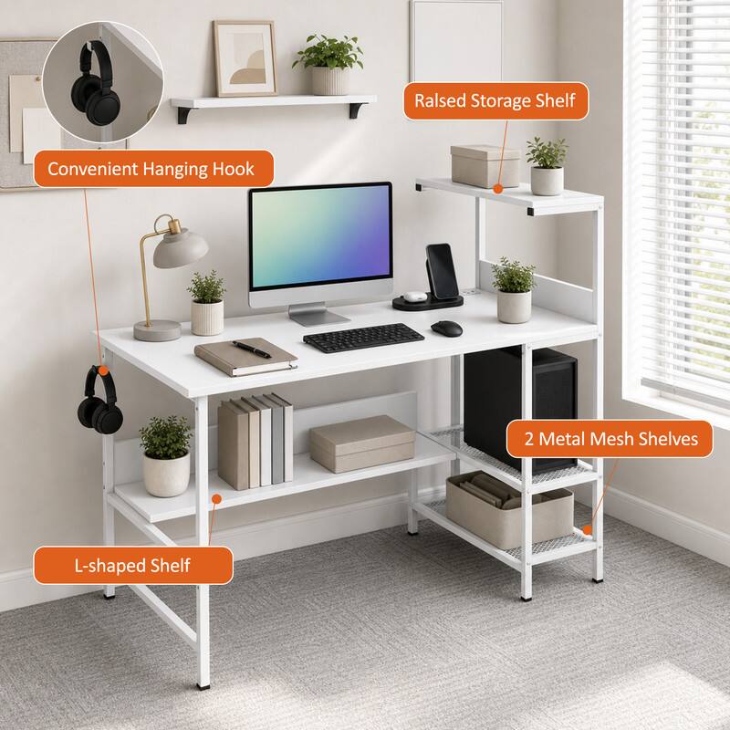 Raised Storage Shelf Convenient Hanging Hook 2 Metal Mesh Shelves L-shaped Shelf