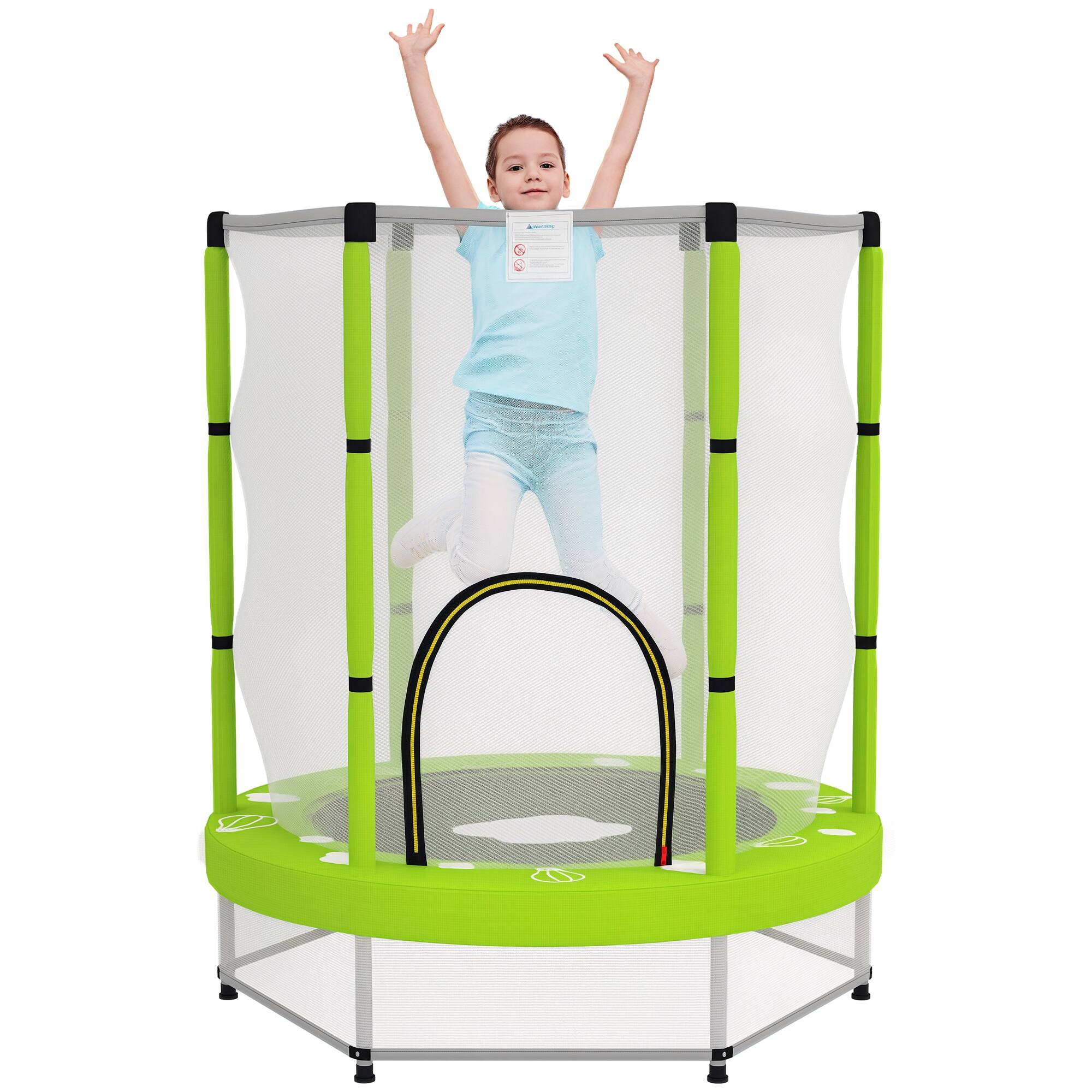 Front. Qaba - 4.6FT Trampoline, Enclosure Net, Mini Trampoline, Indoor Outdoor, Gifts, Cloud Pattern - Green.
