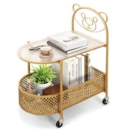 Gymax - 2-Tier Mobile Glass Coffee Table w/ Bear Pattern Storage Basket Transparent & Golden - Transparent, Golden