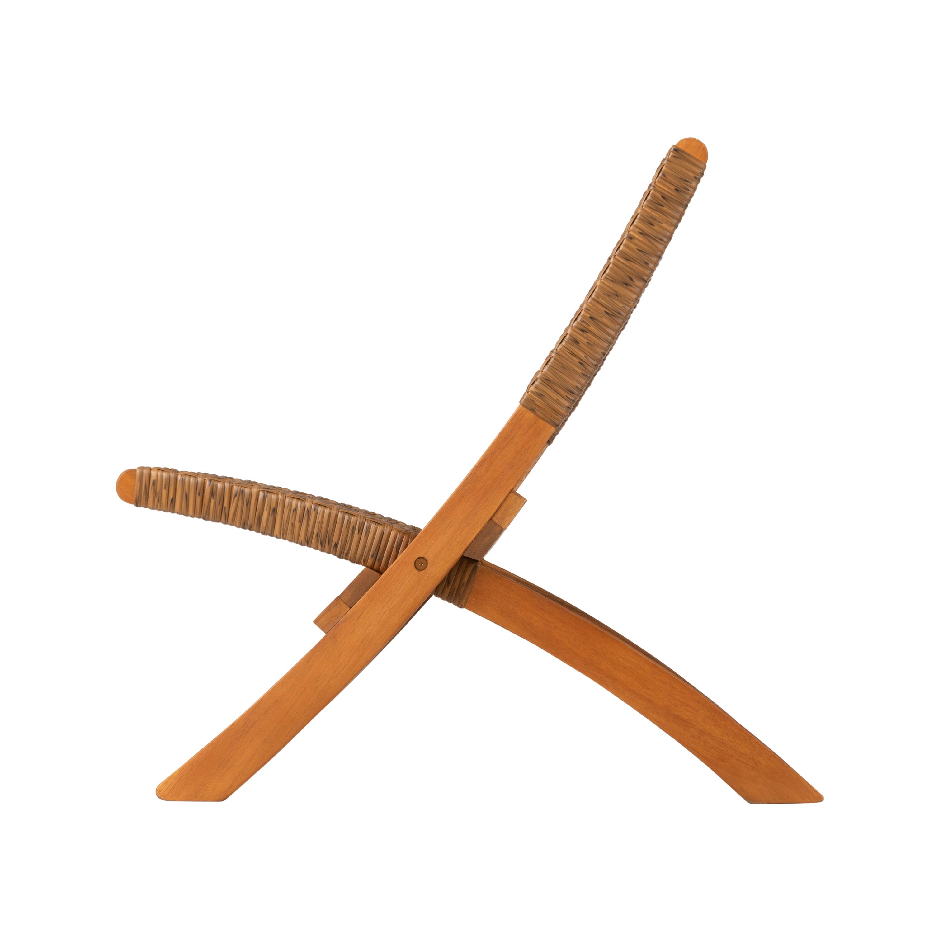 Left. Balkene Home - Sava Indoor Outdoor Folding Chair All Weather Wicker Low Slung Portable Seating Solid Acacia Wood Woven Seat, Back - Brown.