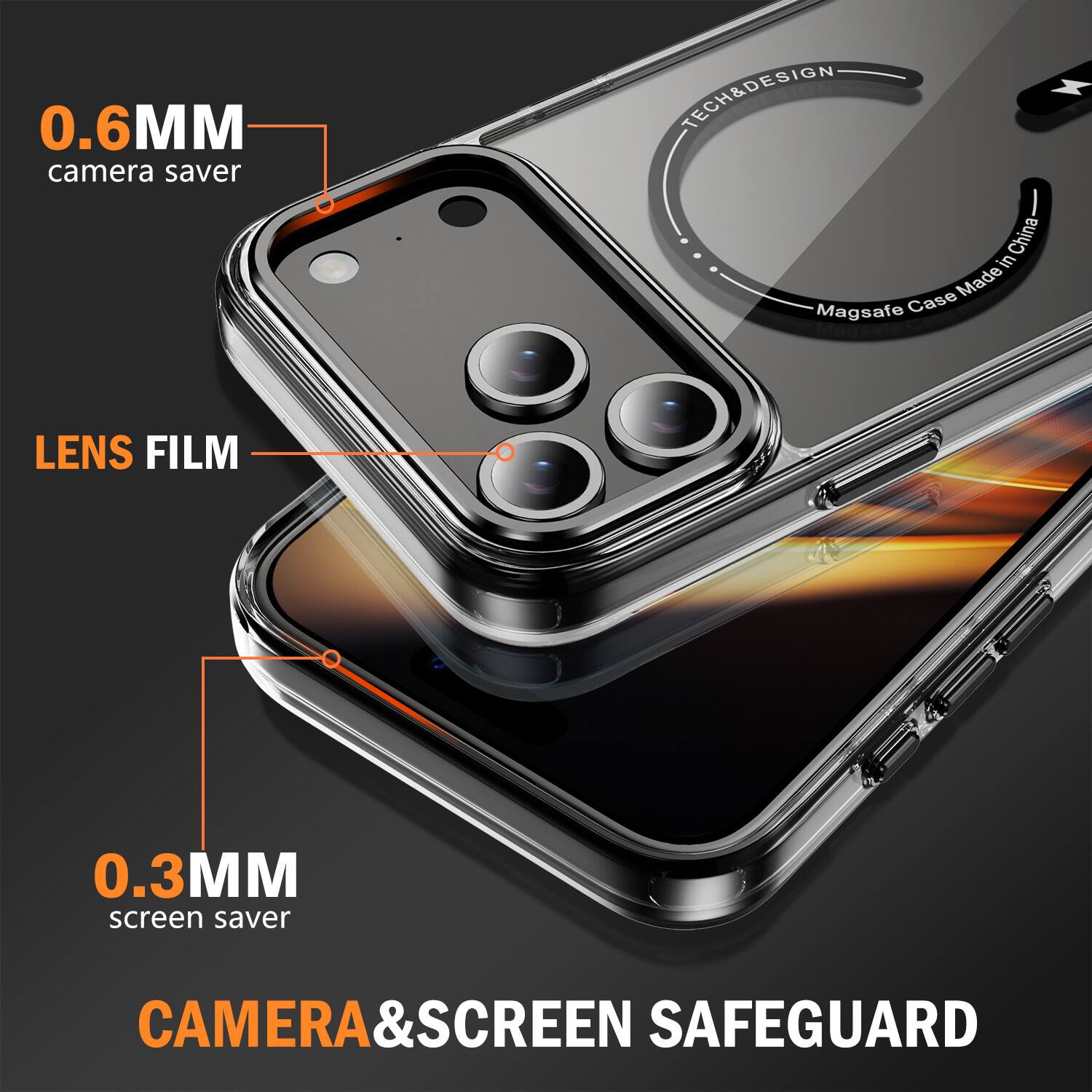 0.6MM camera saver  
TECH&DESIGN in China  
Case Made Magsafe  
LENS FILM  
0.3MM screen saver  
CAMERA&SCREEN SAFEGUARD
