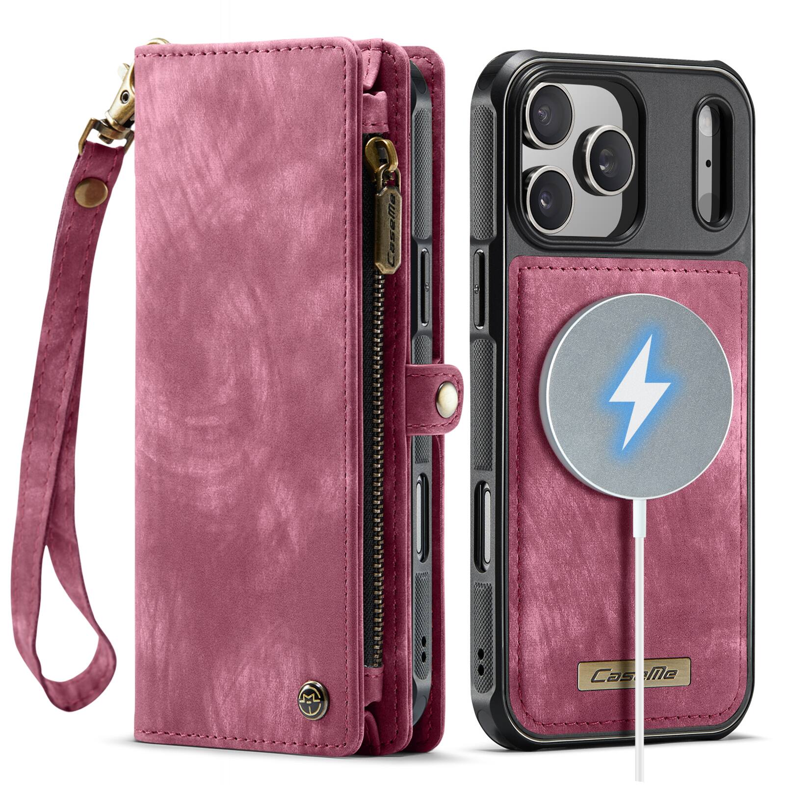 Angle. UUCOVER - Detachable Magnetic Zipper Wallet Case for Apple iPhone 17 Pro Max with RFID Card Slots and Wrist Strap, Flip Kickstand - Red.