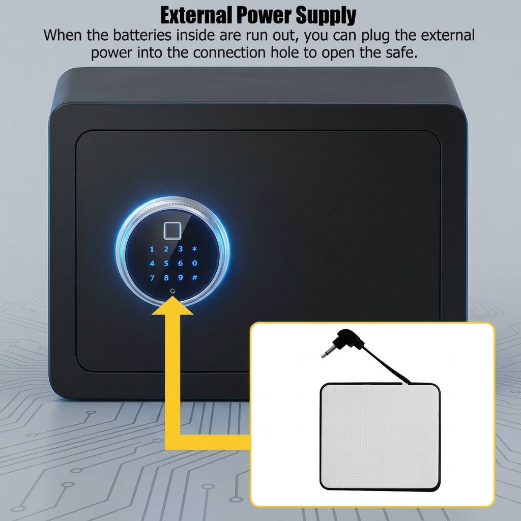 External Power Supply

When the batteries inside are run out, you can plug the external power into the connection hole to open the safe.
