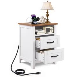 VEVOR - Farmhouse Nightstand, with Charging Station, End Table with 2 Drawers and Open Shelf, Bedside Storage Cabinet - White