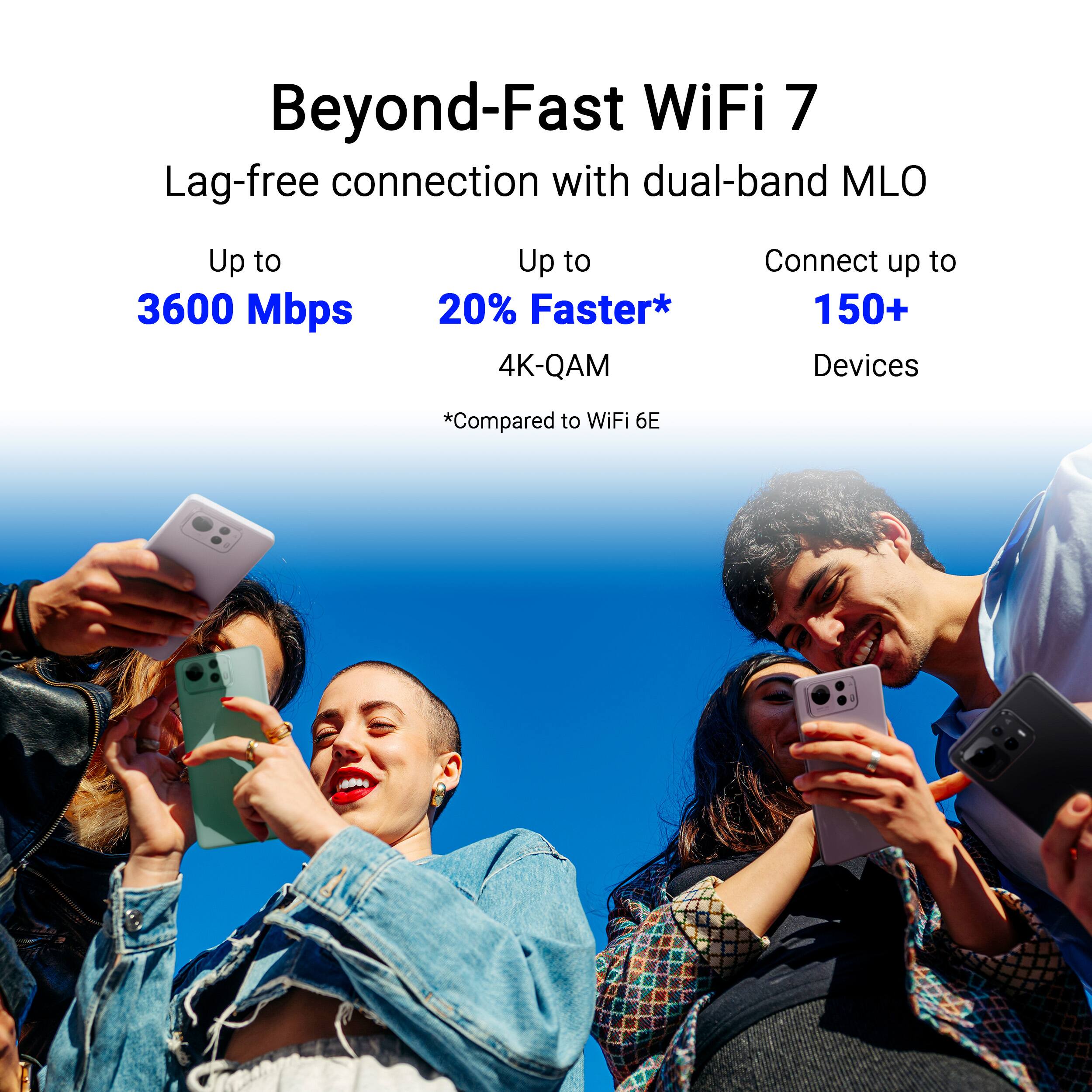 Beyond-Fast WiFi 7  
Lag-free connection with dual-band MLO  

Up to 3600 Mbps  
Up to 20% Faster*  
4K-QAM  
Connect up to 150+ Devices  

*Compared to WiFi 6E