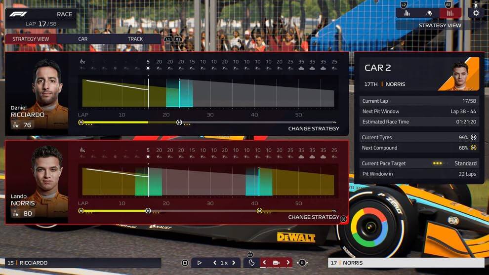 R2 RACE LAP 17 / 58  
STRATEGY VIEW  
CAR TRACK L  
R1 5 20 20 20 15 10 10 20 10 10 10 10 20 25 35 35 35 25  
CAR 2 17TH NORRIS Daniel RICCIARDO 76  
LAP 10 5 20 20 20 H 20 15 30 10 10 20 10 40 10 10 10 50  
CHANGE STRATEGY  
20 25 35 35 35 25  
Current Lap Next Pit Window Estimated Race Time Current Tyres Next Compound  
17/58 Lap 38 - 44 01:21:20 99% 68%  
Current Pace Target Pit Window in Standard 22 Laps  
Lando NORRIS 80  
LAP 10 20 30 40 E 