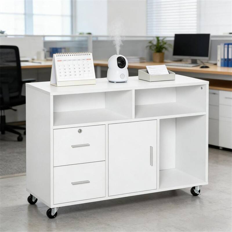 Angle. HTUTWOO - Mobile File Cabinet,Printer Stand Unit,Storage Cabinet with Lockable Drawers and 3 Shelves,Rolling Organizer with Wheels - White.