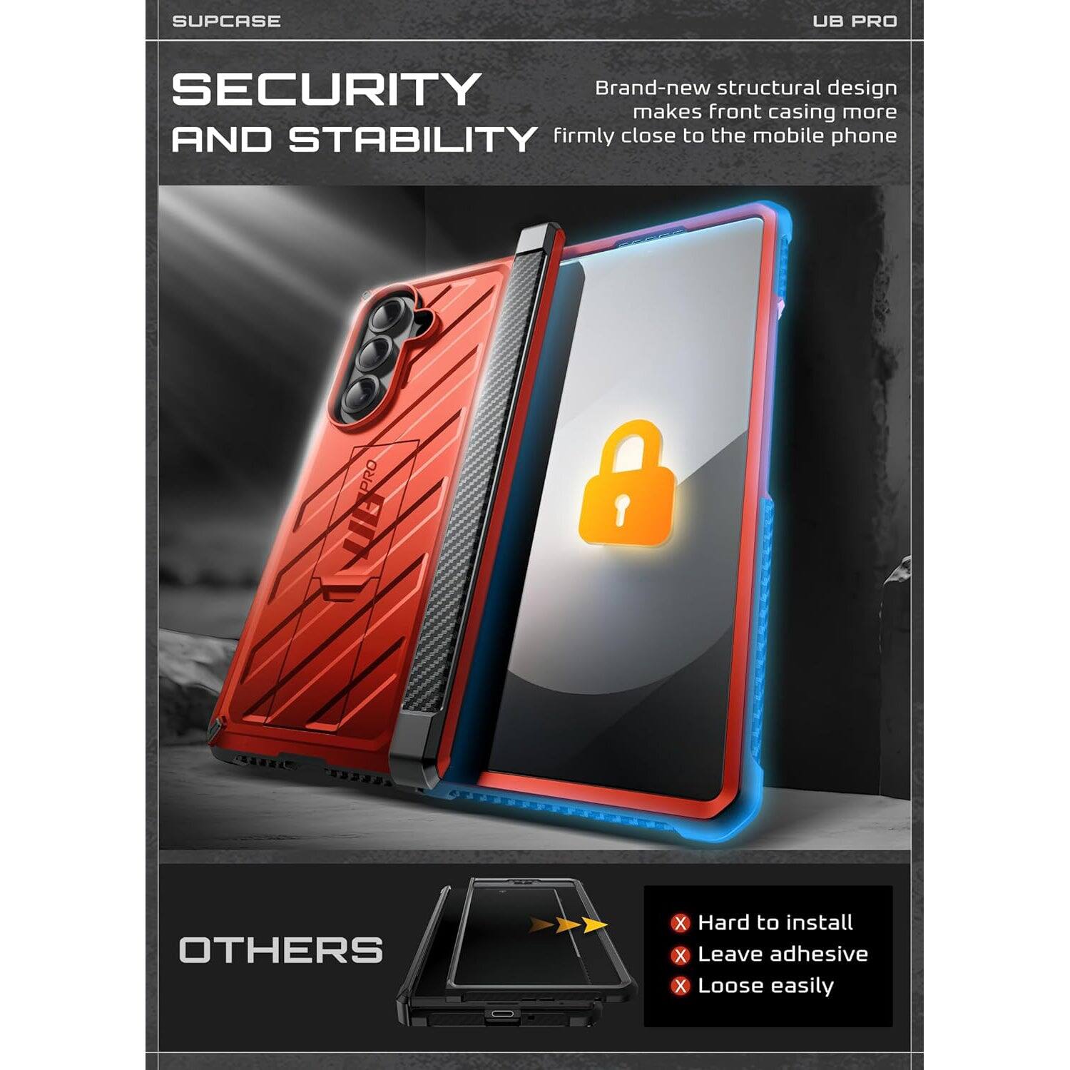 SUPCASE UB PRO SECURITY AND STABILITY Brand-new structural design makes front casing more firmly close to the mobile phone PRO OTHERS X Hard to install X Leave adhesive X Loose easily