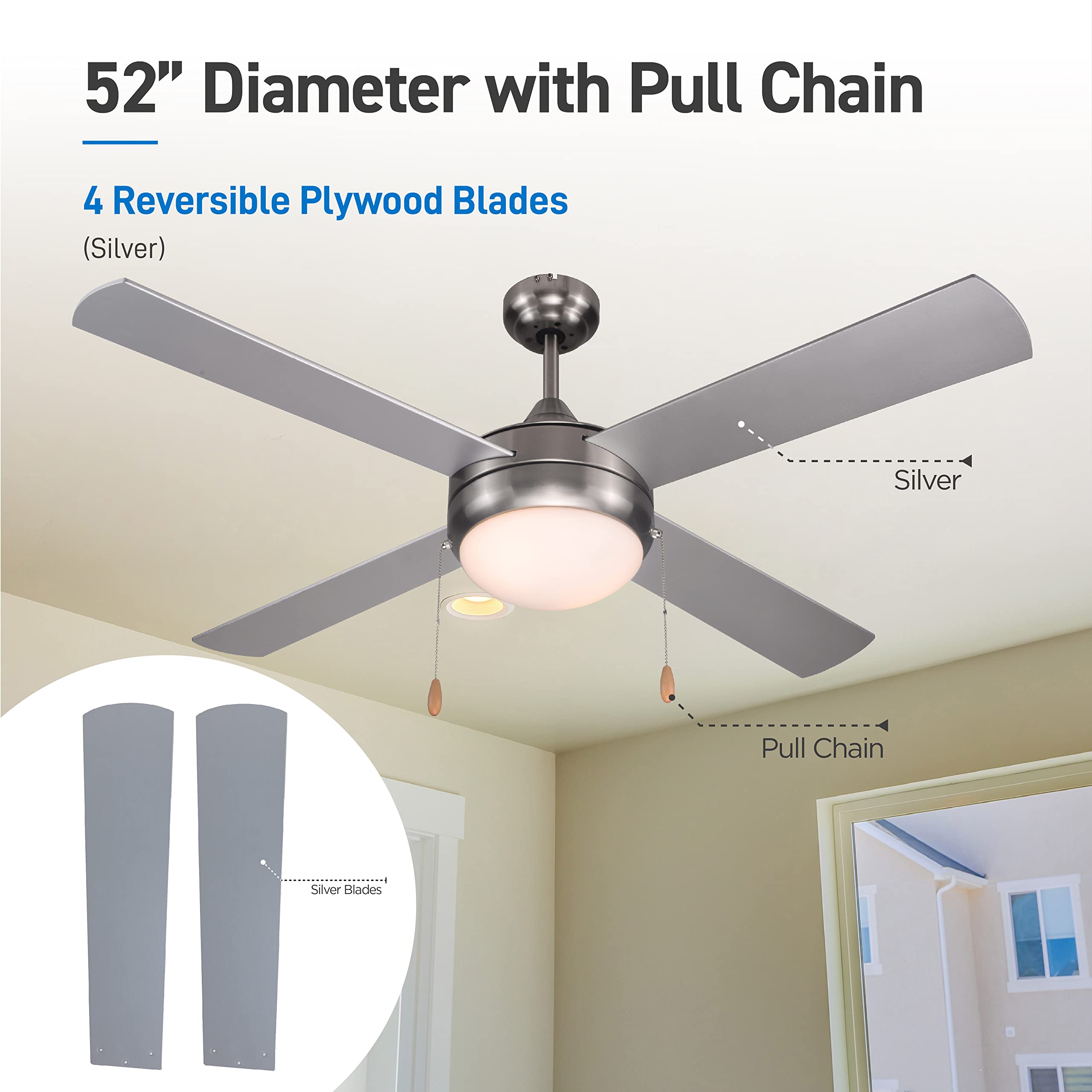 52" Diameter with Pull Chain - 4 Reversible Plywood Blades (Silver) - Silver Pull Chain - Silver Blades