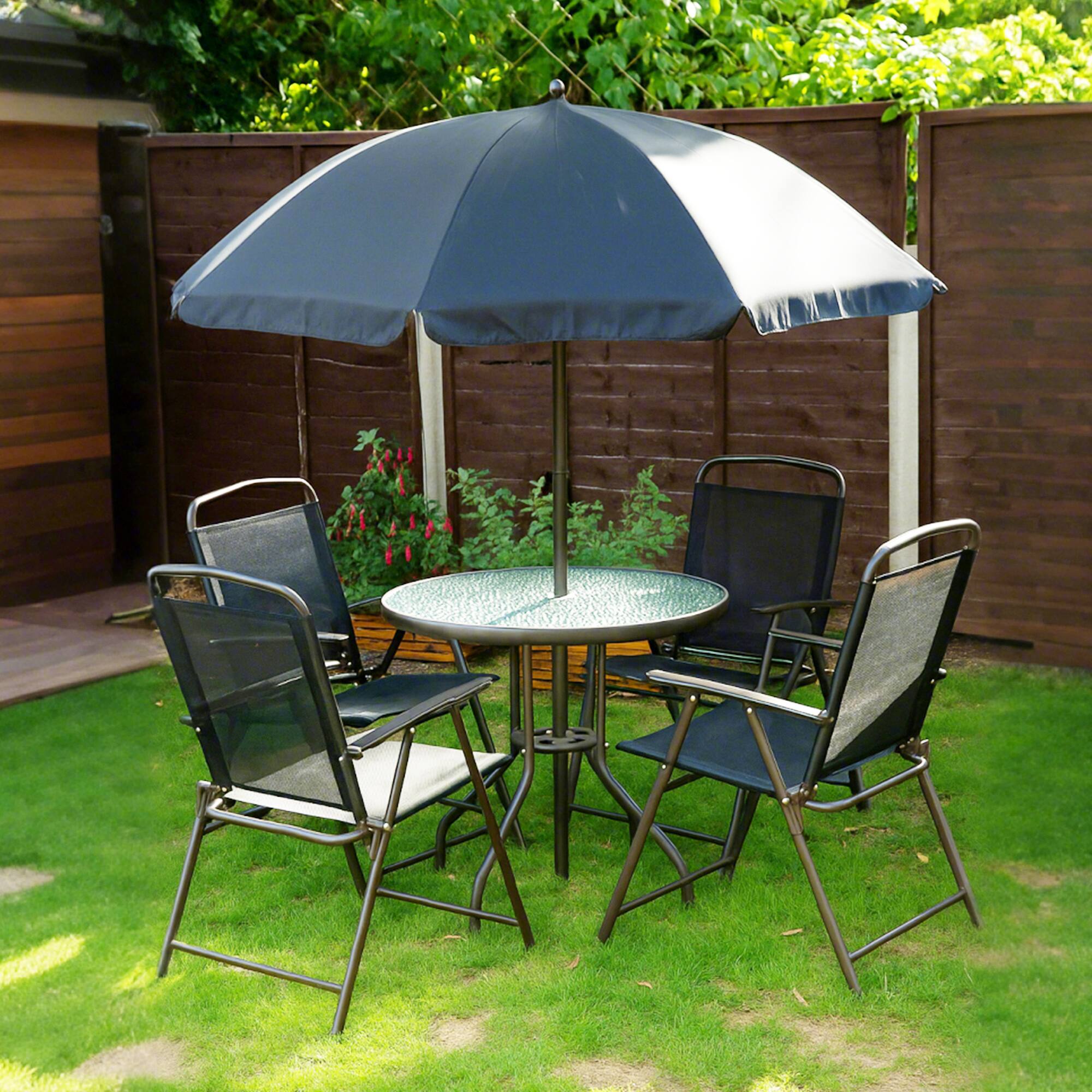 Alt View 8. Outsunny - 6 Piece Patio Dining Set for 4 with Umbrella, Outdoor Table and Chairs with 4 Folding Dining Chairs & Round Glass Table - Black.