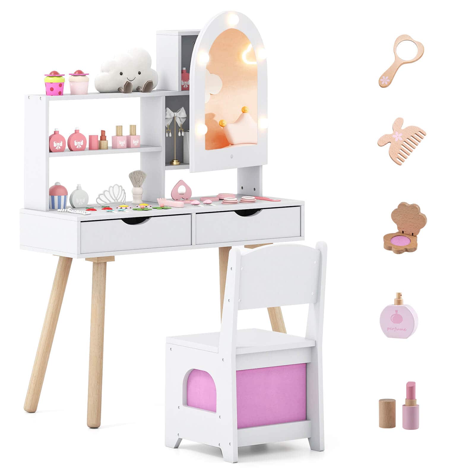 Costway - Kids Vanity Set with 3-Color Lighting Modes, Adjustable Brightness, Mirror Cabinet - White
