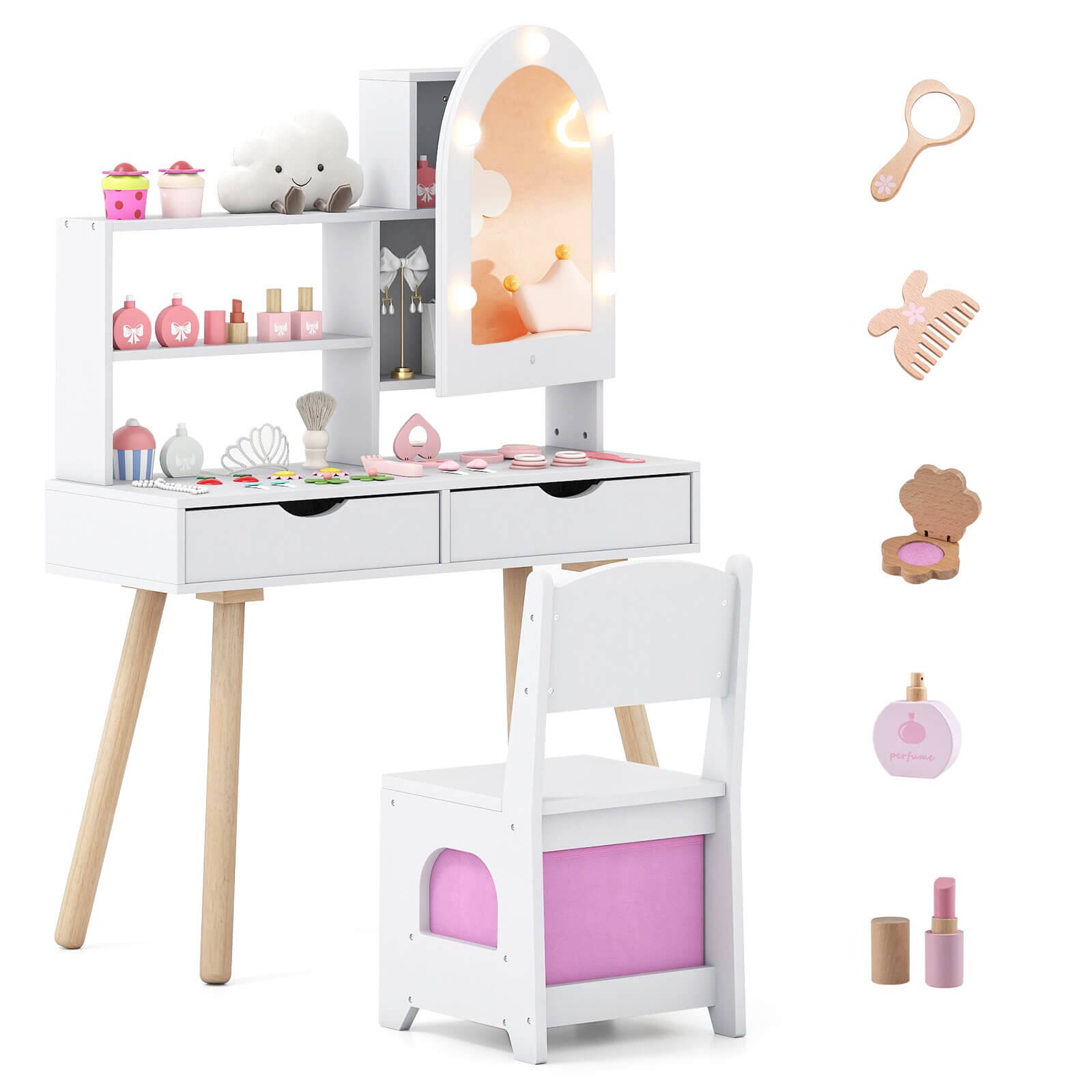 Costway - Kids Vanity Set with 3-Color Lighting Modes, Adjustable Brightness, Mirror Cabinet - White