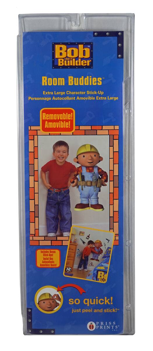 Bob the Builder  
Room Buddies  
Extra Large Character Stick-Up  
Personnage Autocollant Amovible Extra Large  

Removable!  
Amovible!  

Includes Boaus Stick-Ups!  
Inclut Des Autocollants Amovibles!  

so quick!  
just peel and stick!  

PRISS PRINTS INC.
